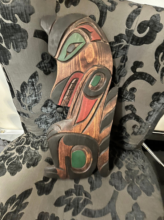 Stunning 16 inch tall, indigenous first nation pacific  northwest coast signed Cedar Wolf plaque — unbelievable detail