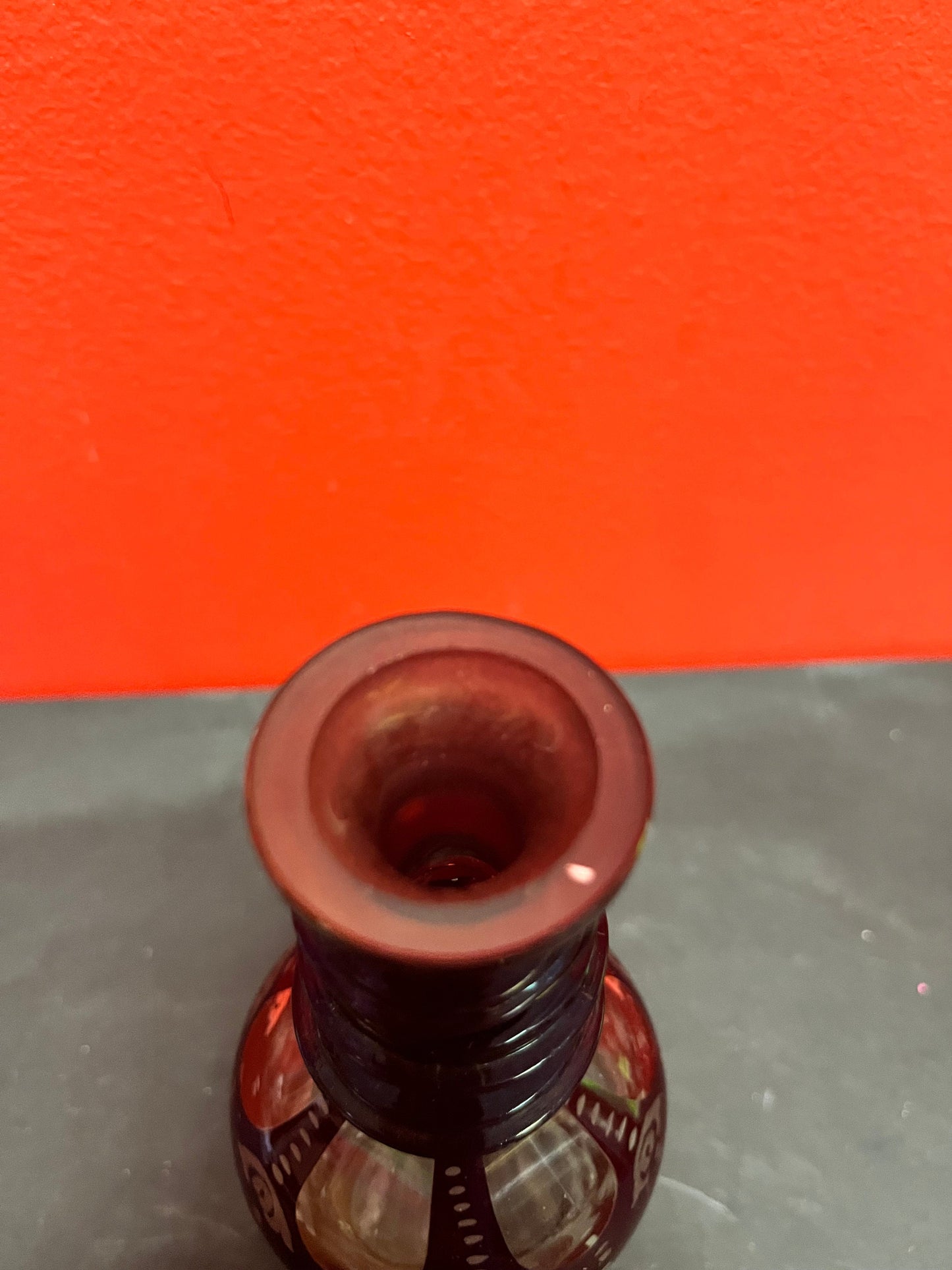 9 inch tall beautiful antique ruby etched, crystal decanter  Wonderful condition and quality