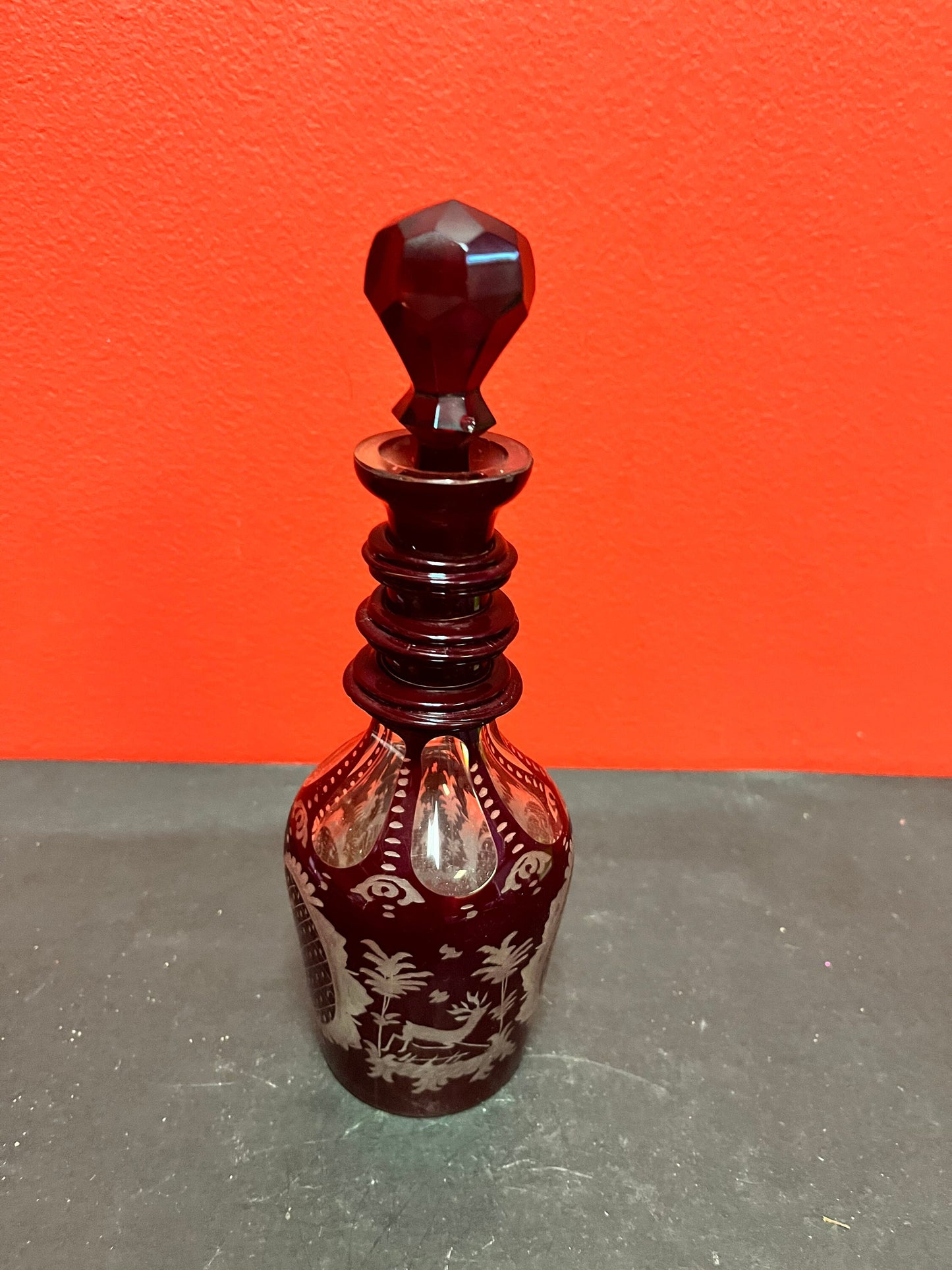 9 inch tall beautiful antique ruby etched, crystal decanter  Wonderful condition and quality