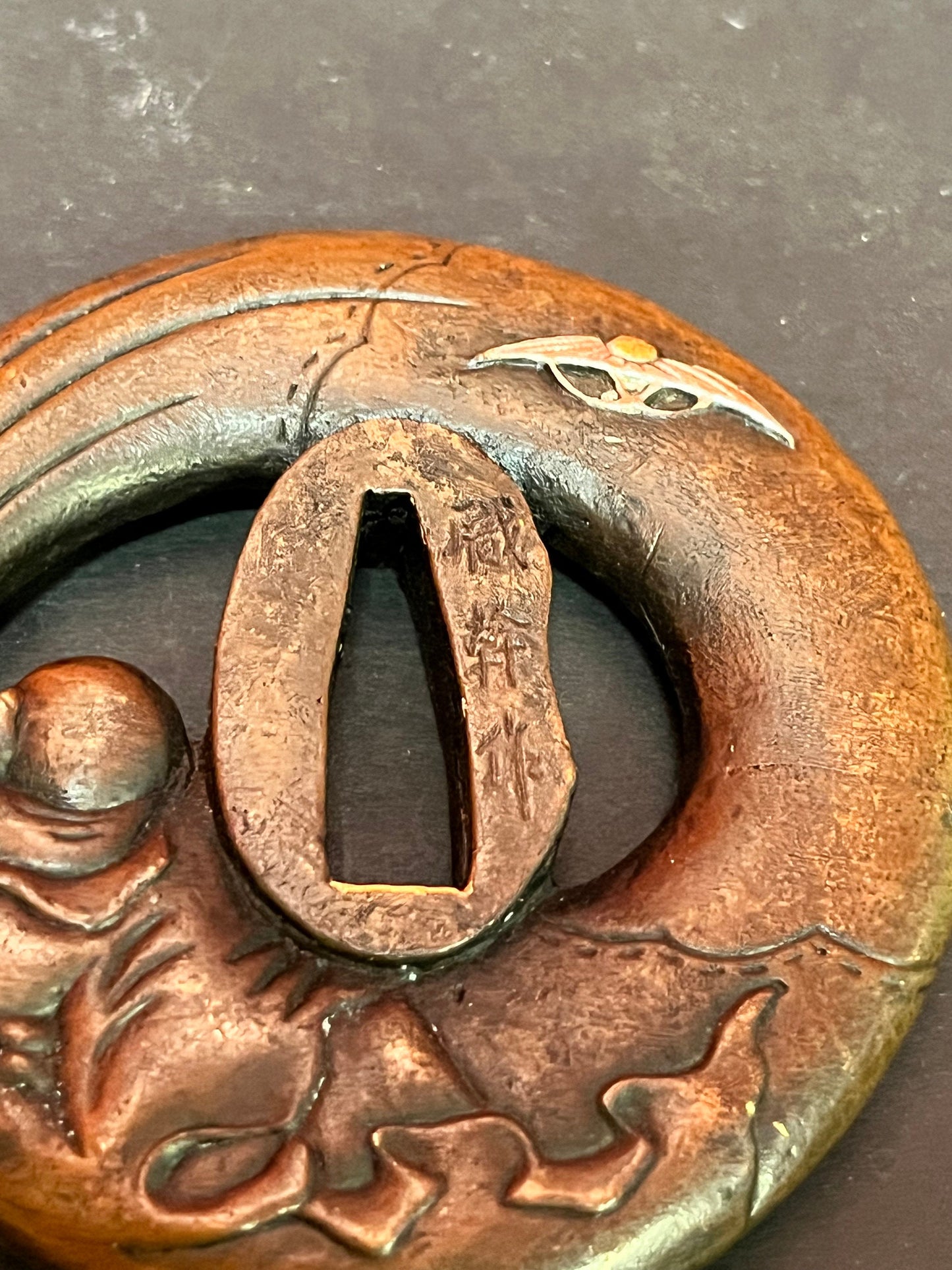 Stunning antique rare signed 3 inch long Japanese samurai tsuba  from important estate  beautiful one