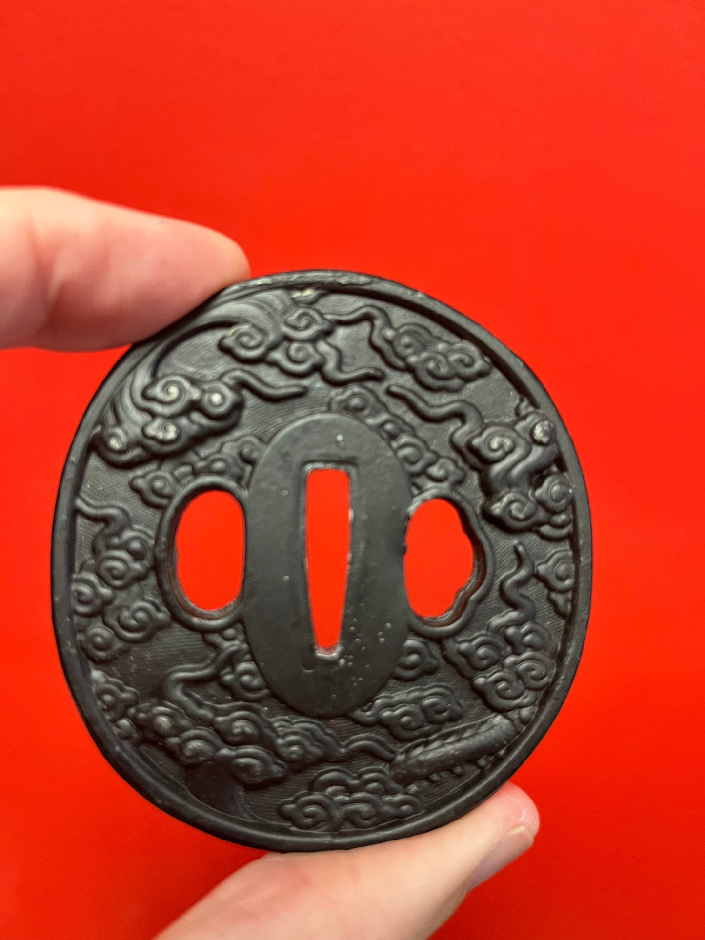 Lovely antique Japanese bronze and GILT tsuba set in stone - stone isnt perfect see photos  2.5 inches  great value - perfect paperweight