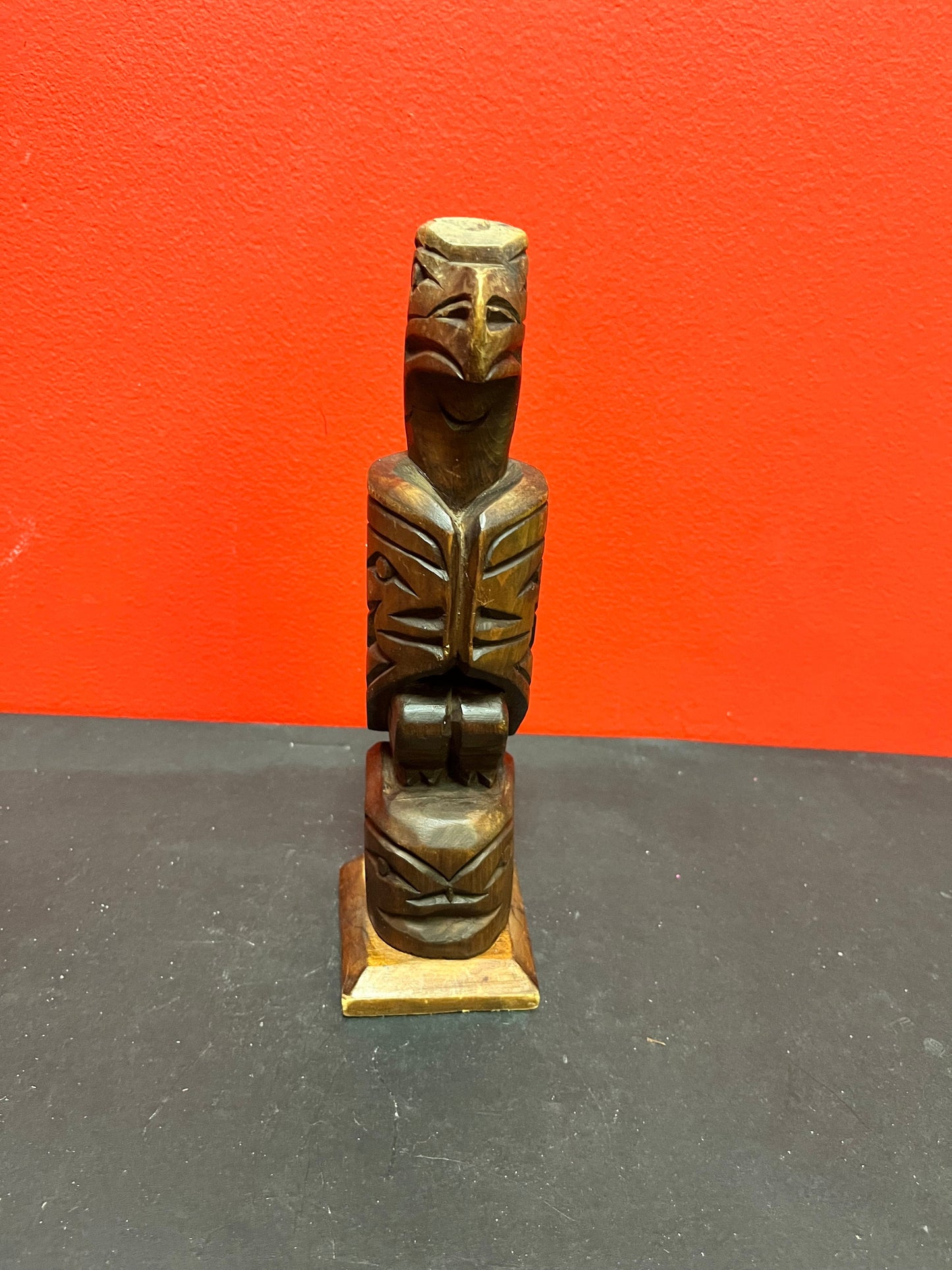 A  Stunning antique indigenous first nations Pacific Northwest coast Vancouver Island, Basil James eagle transformation totem pole  9 high