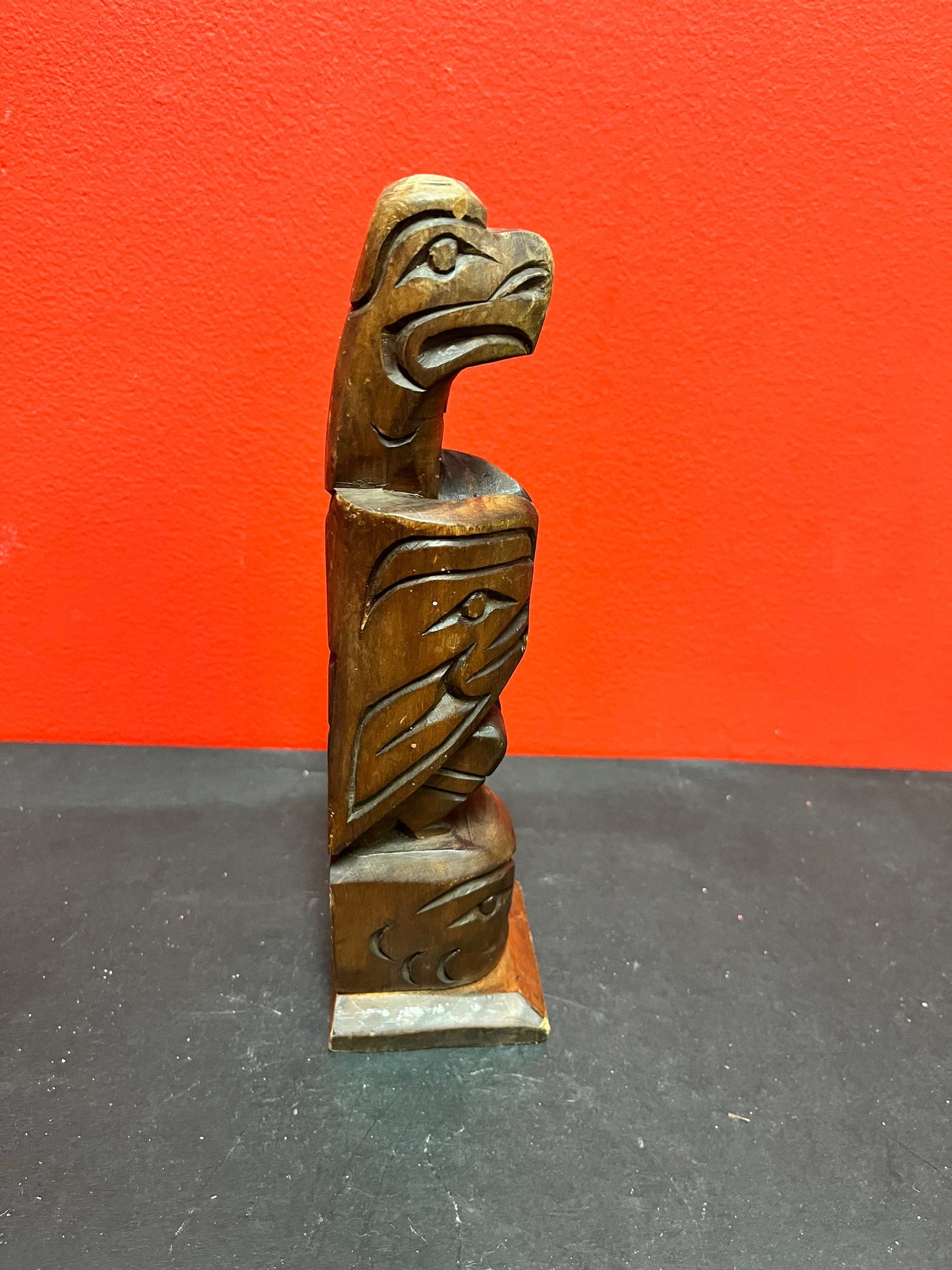 A  Stunning antique indigenous first nations Pacific Northwest coast Vancouver Island, Basil James eagle transformation totem pole  9 high