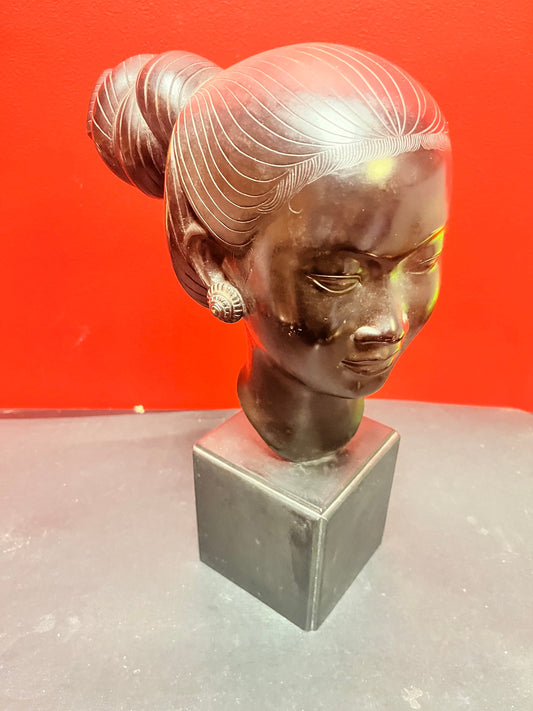 A  Fabulous 13 inch tall signed bronze bust of a ladies head on marble base   Heavy and realistic museum quality bronze