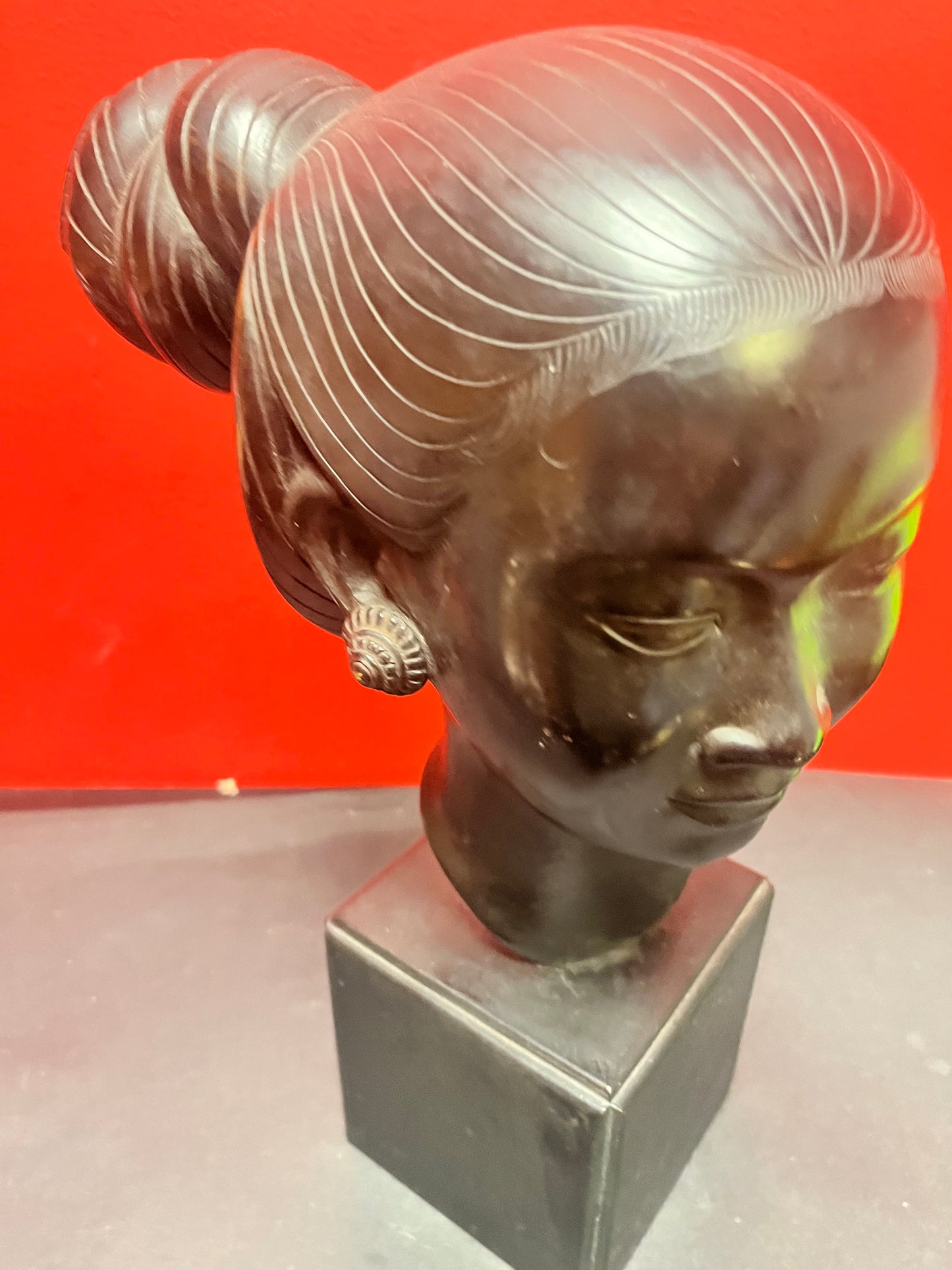 A  Fabulous 13 inch tall signed bronze bust of a ladies head on marble base   Heavy and realistic museum quality bronze