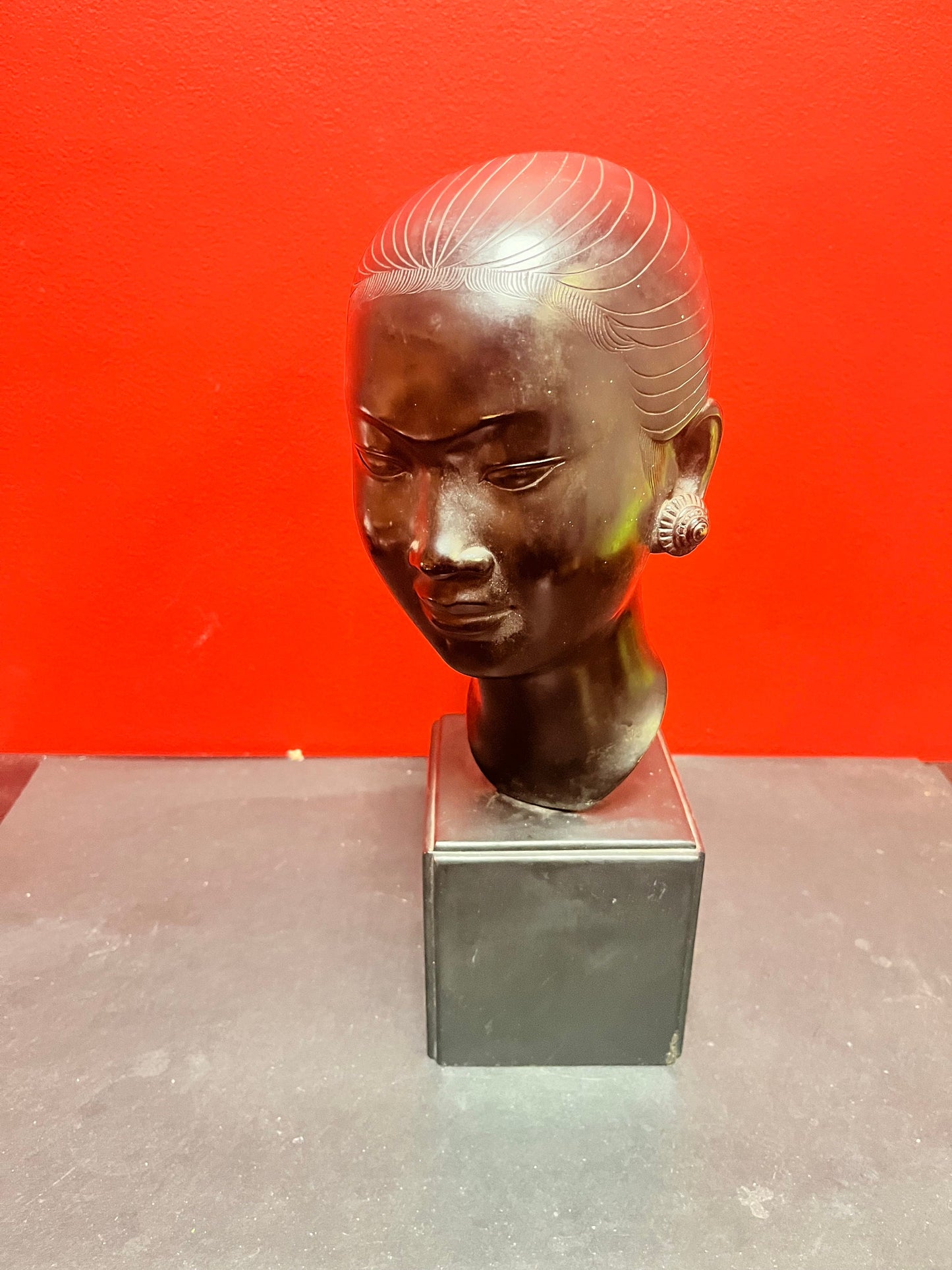 A  Fabulous 13 inch tall signed bronze bust of a ladies head on marble base   Heavy and realistic museum quality bronze