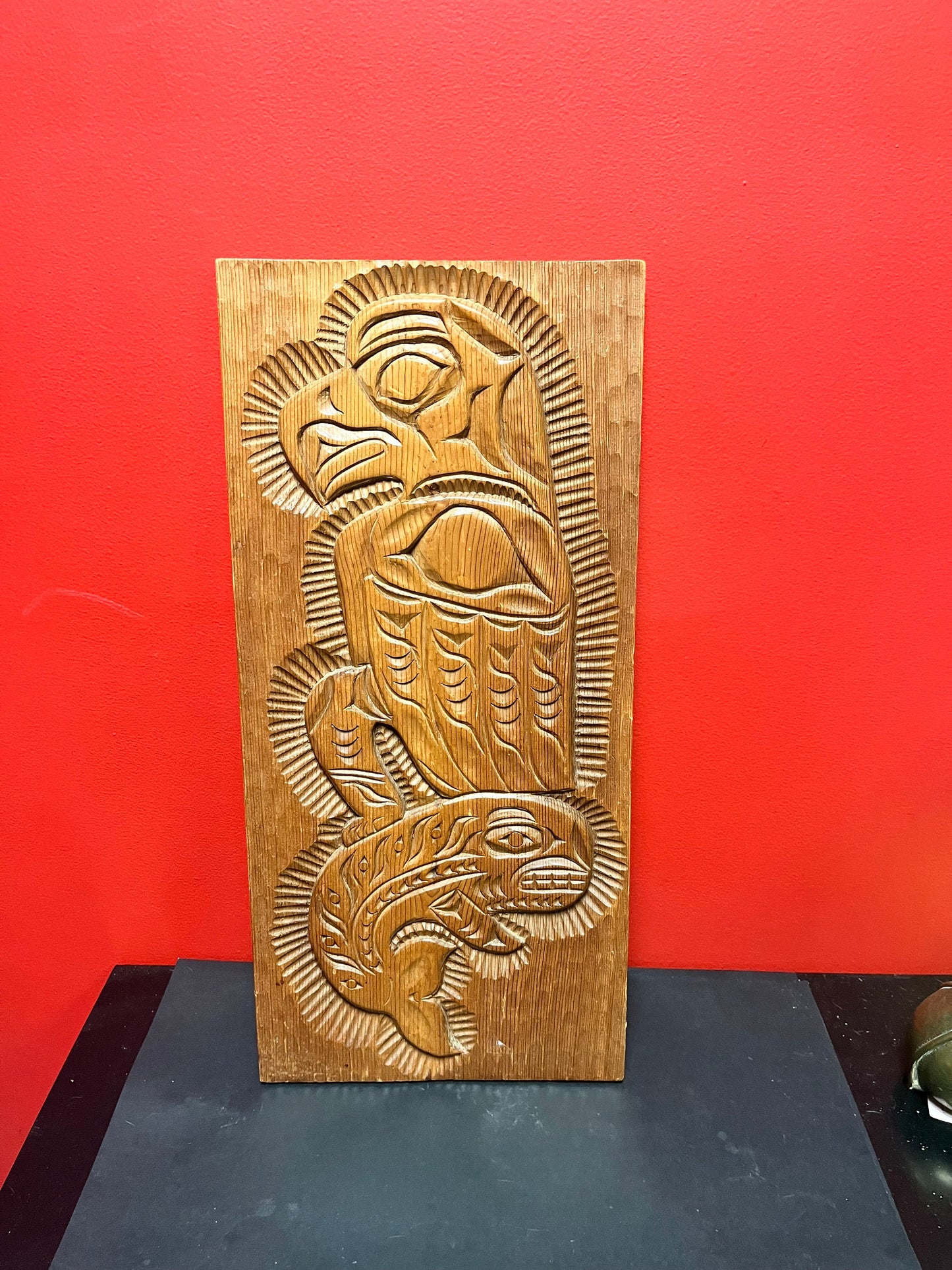 24 x 11“ indigenous first nations, Pacific Northwest coast signed Eagle killer whale plaque  - nice detail and imagery