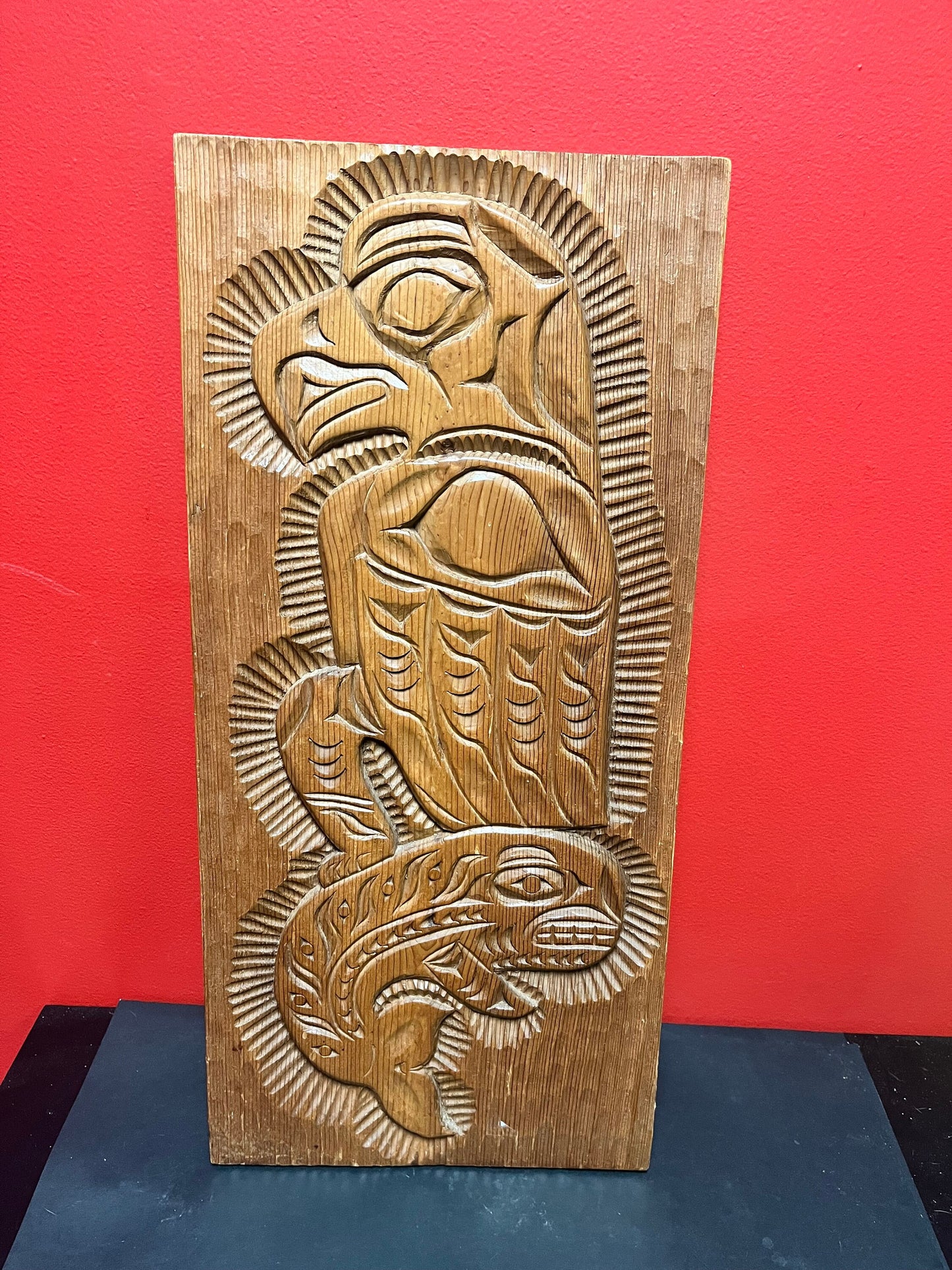 24 x 11“ indigenous first nations, Pacific Northwest coast signed Eagle killer whale plaque  - nice detail and imagery