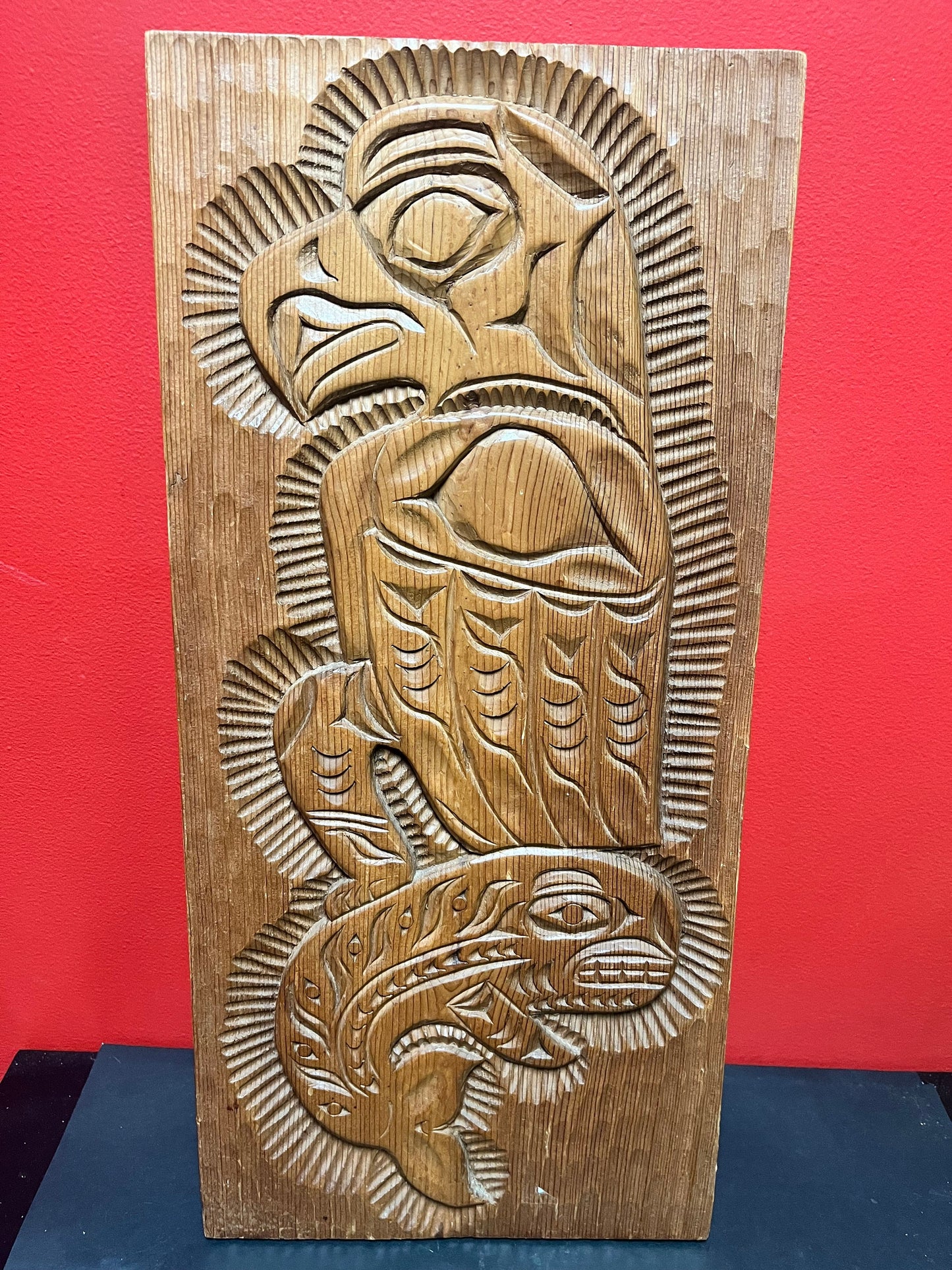 24 x 11“ indigenous first nations, Pacific Northwest coast signed Eagle killer whale plaque  - nice detail and imagery
