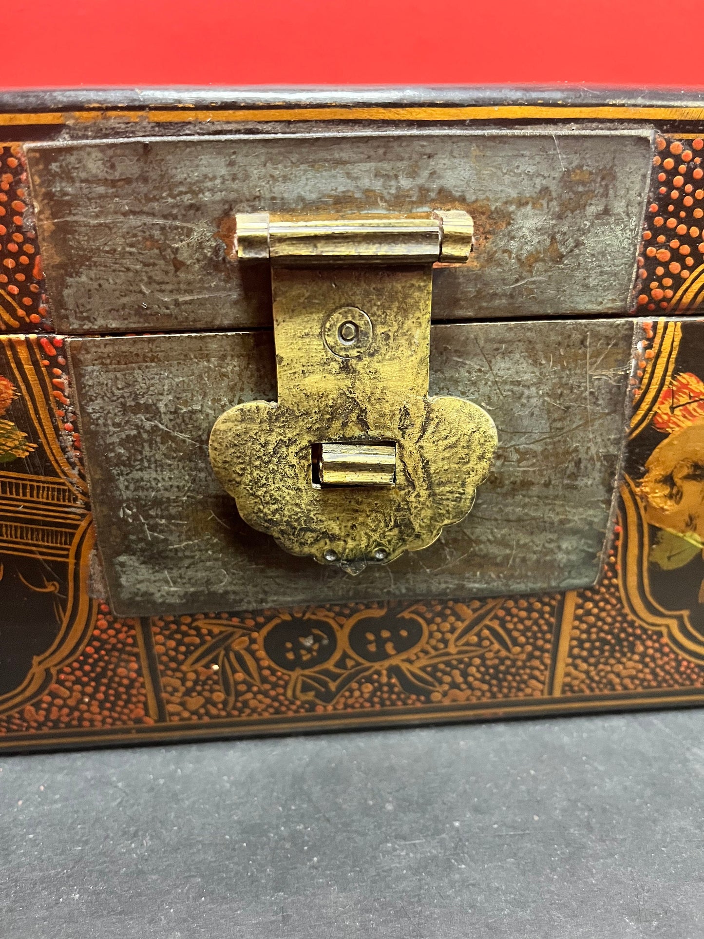 A  14 x 7 x 4 inch high Japanese signed lacquer antique box with bronze latch  immaculate condition and detail