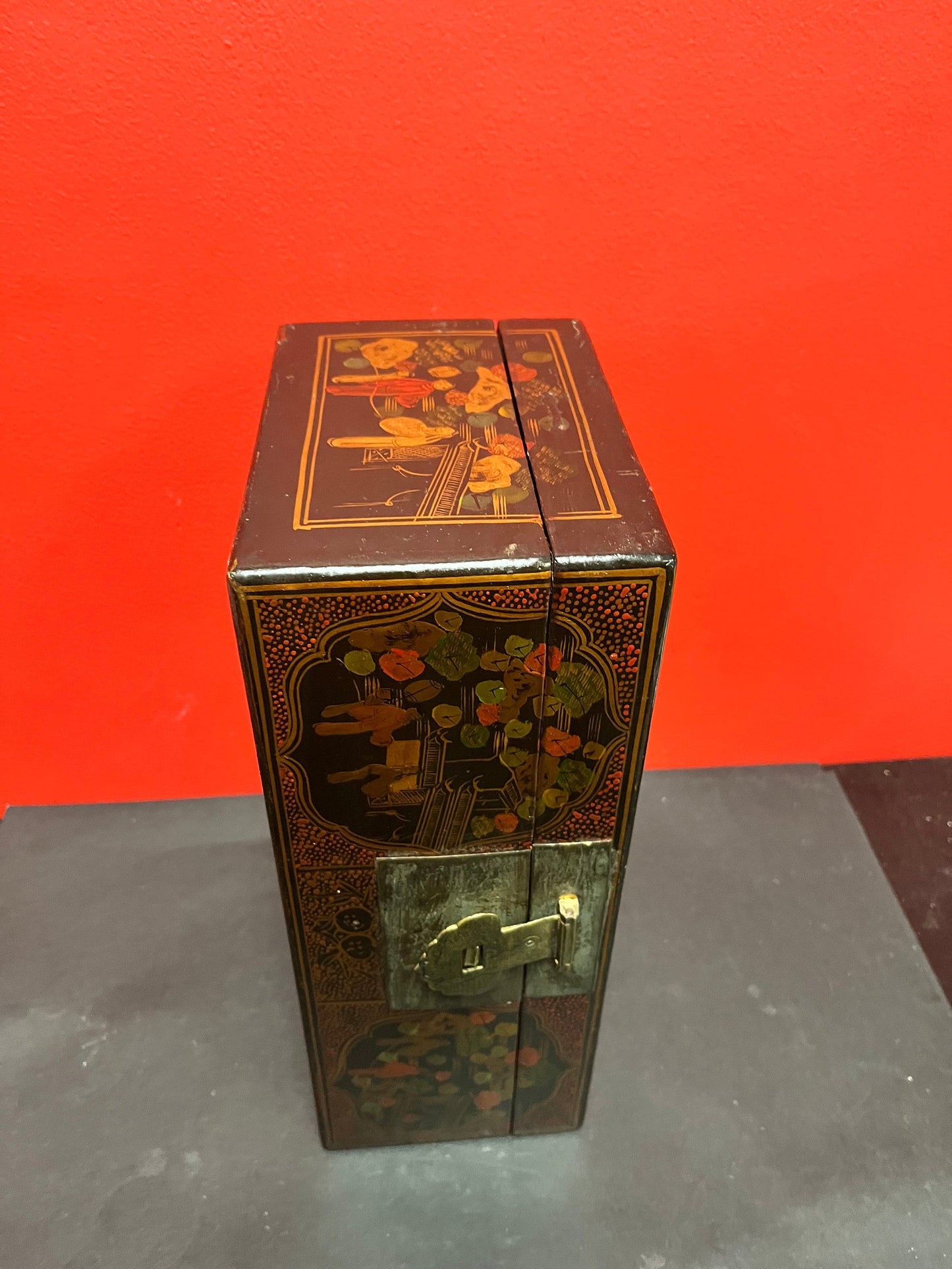 A  14 x 7 x 4 inch high Japanese signed lacquer antique box with bronze latch  immaculate condition and detail