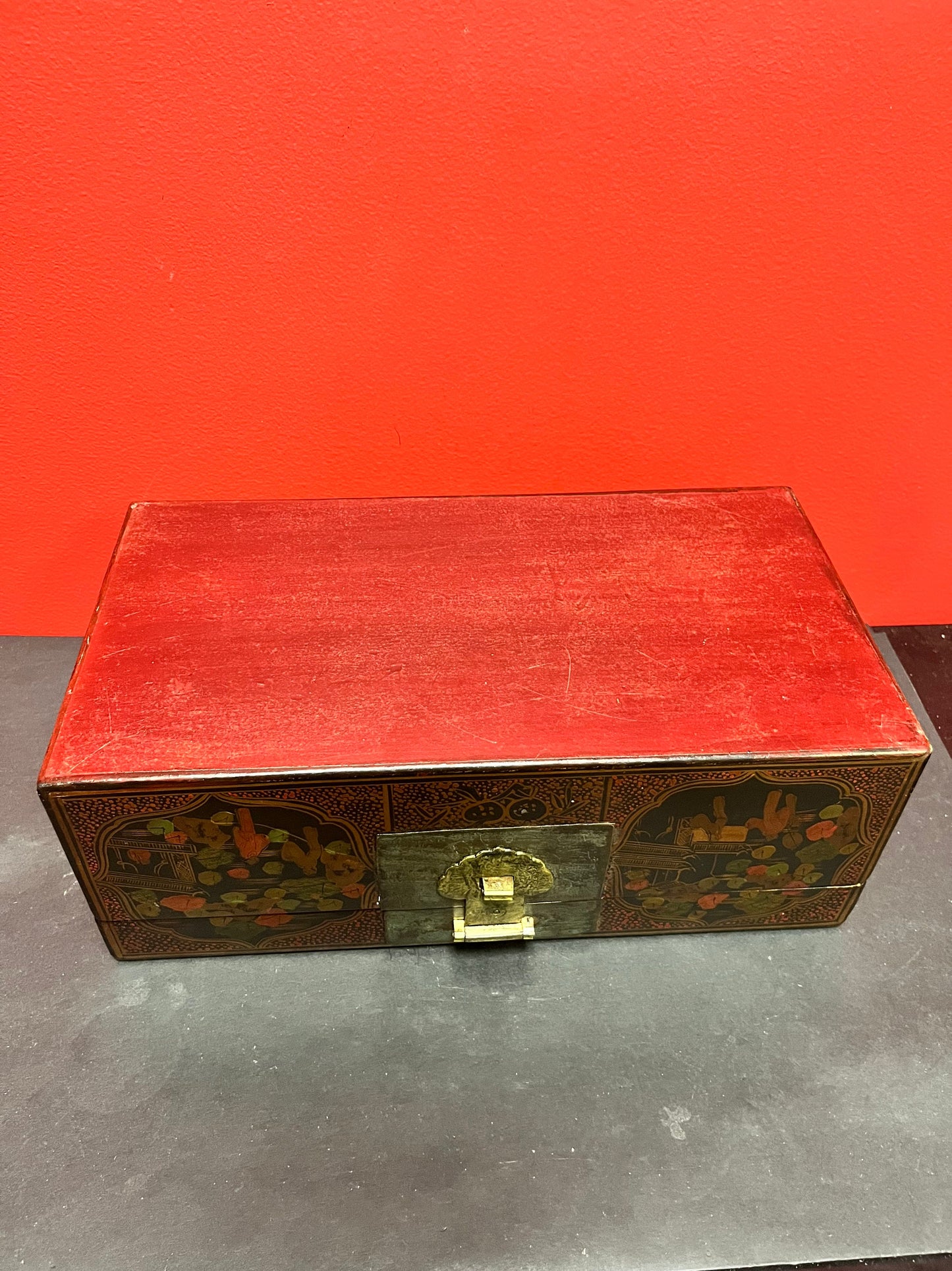 A  14 x 7 x 4 inch high Japanese signed lacquer antique box with bronze latch  immaculate condition and detail