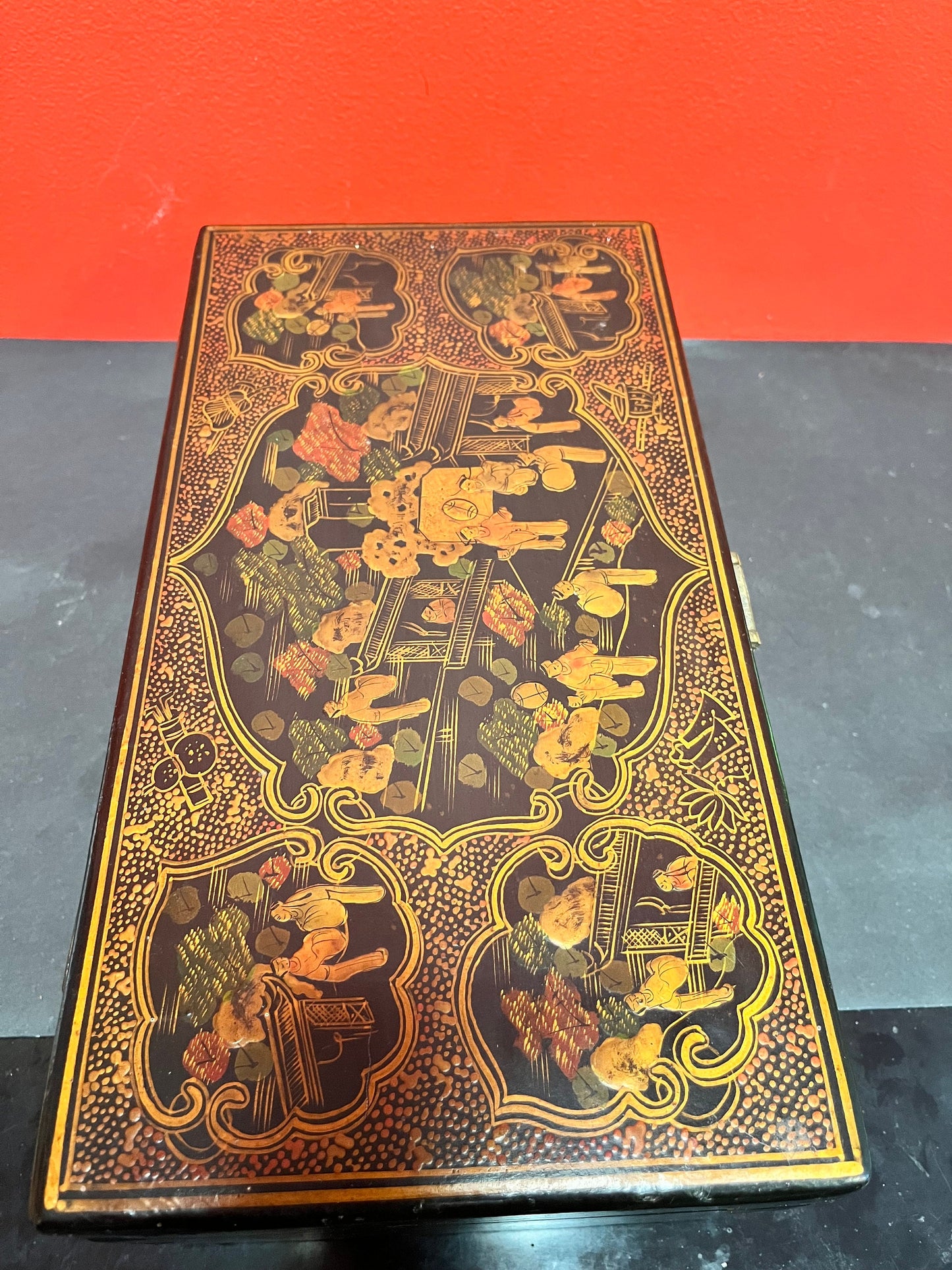 A  14 x 7 x 4 inch high Japanese signed lacquer antique box with bronze latch  immaculate condition and detail