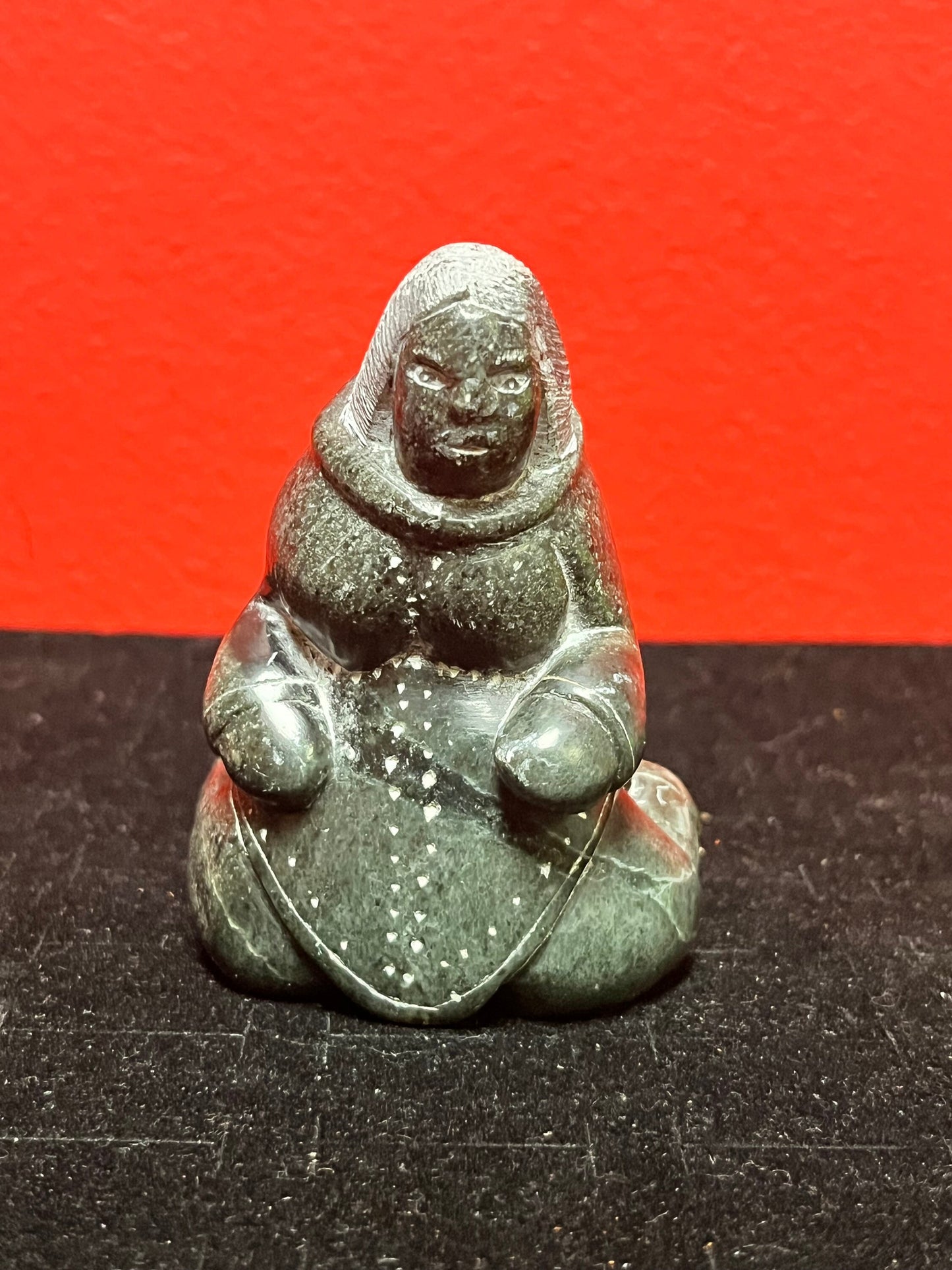 Exquisite museum quality  signed 3 inch tall antique, female artist indigenous  Inuit statue of a woman  intense quality and detail