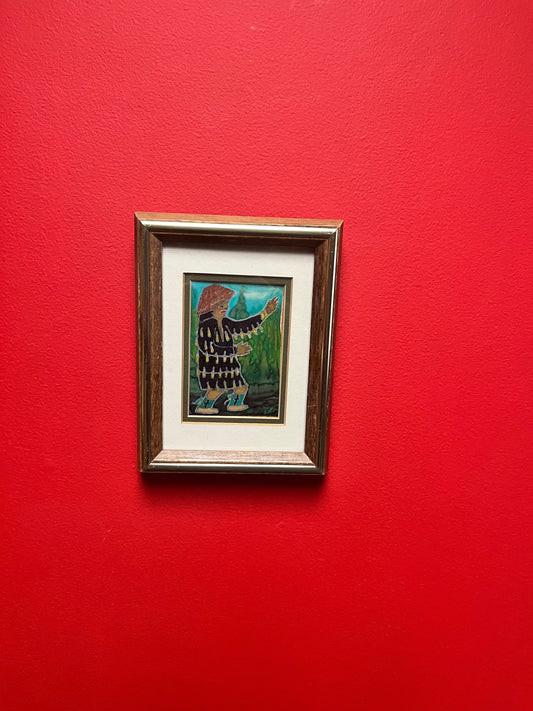 Very rare indigenous Nootka painting on silk by L.E Reid  magnificent antique piece in frame  8 x 6