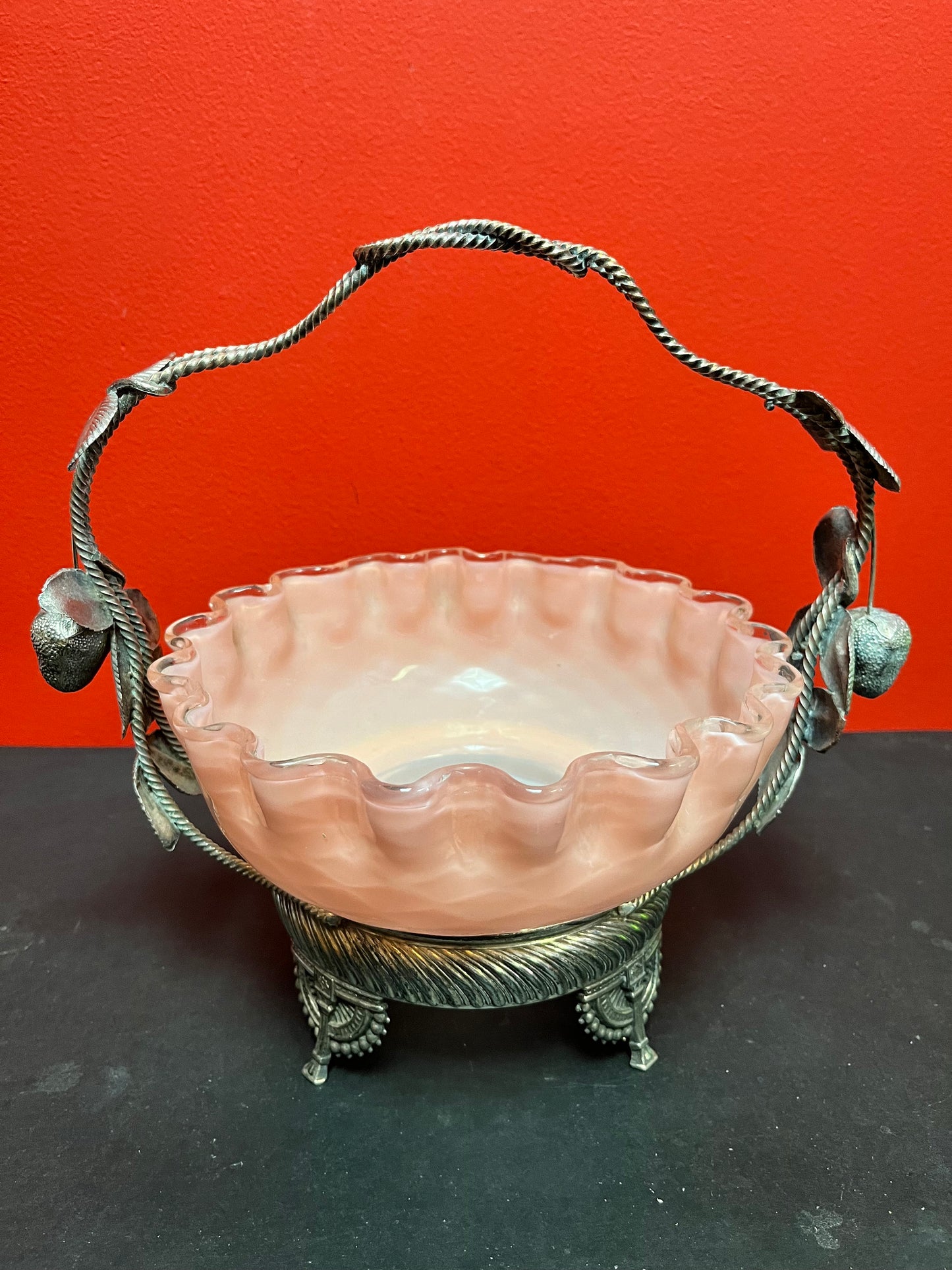 Stunning 11 x 11 antique silver plated and Venetian glass bridal basket  authentic and mint condition