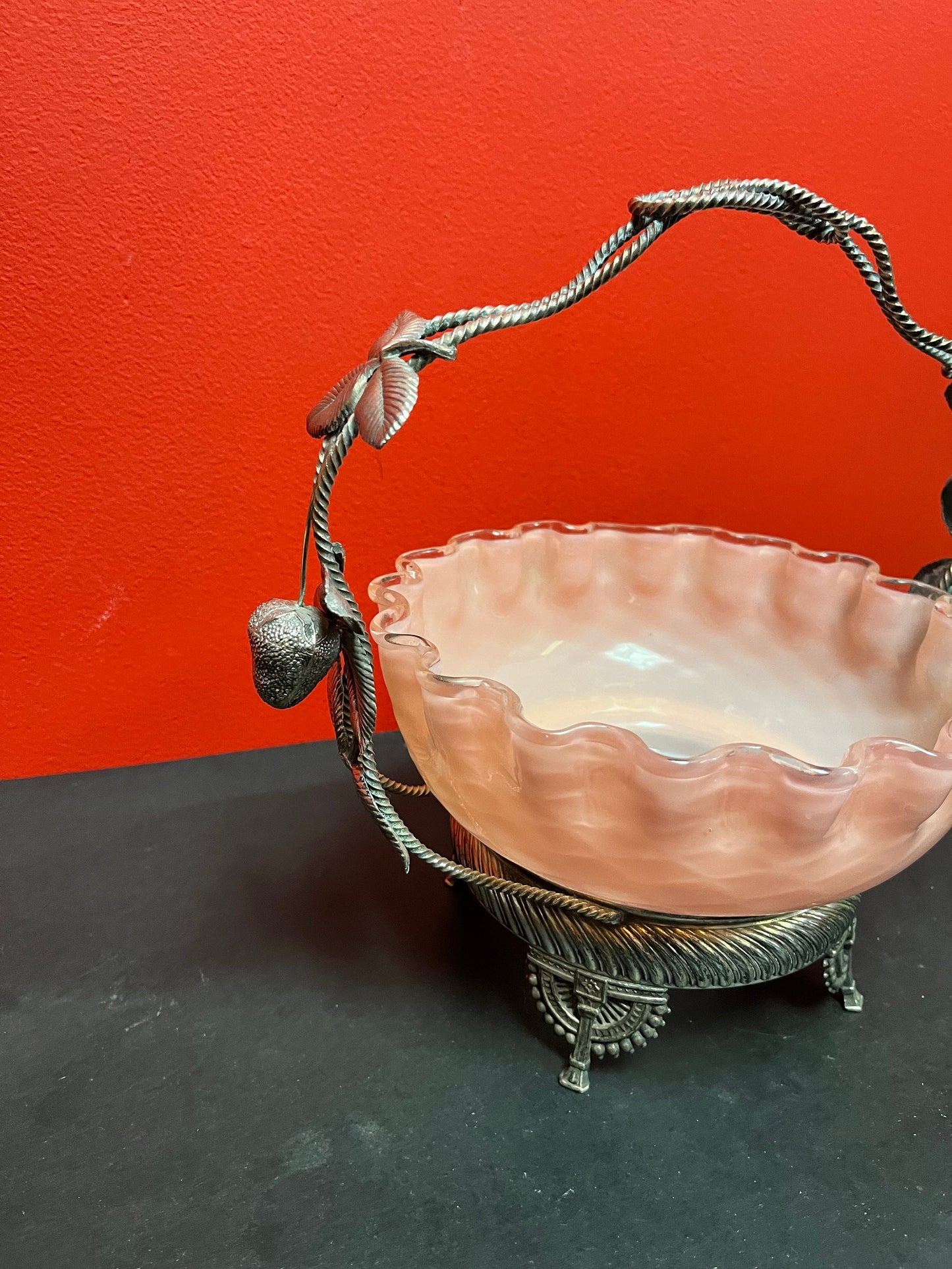 Stunning 11 x 11 antique silver plated and Venetian glass bridal basket  authentic and mint condition
