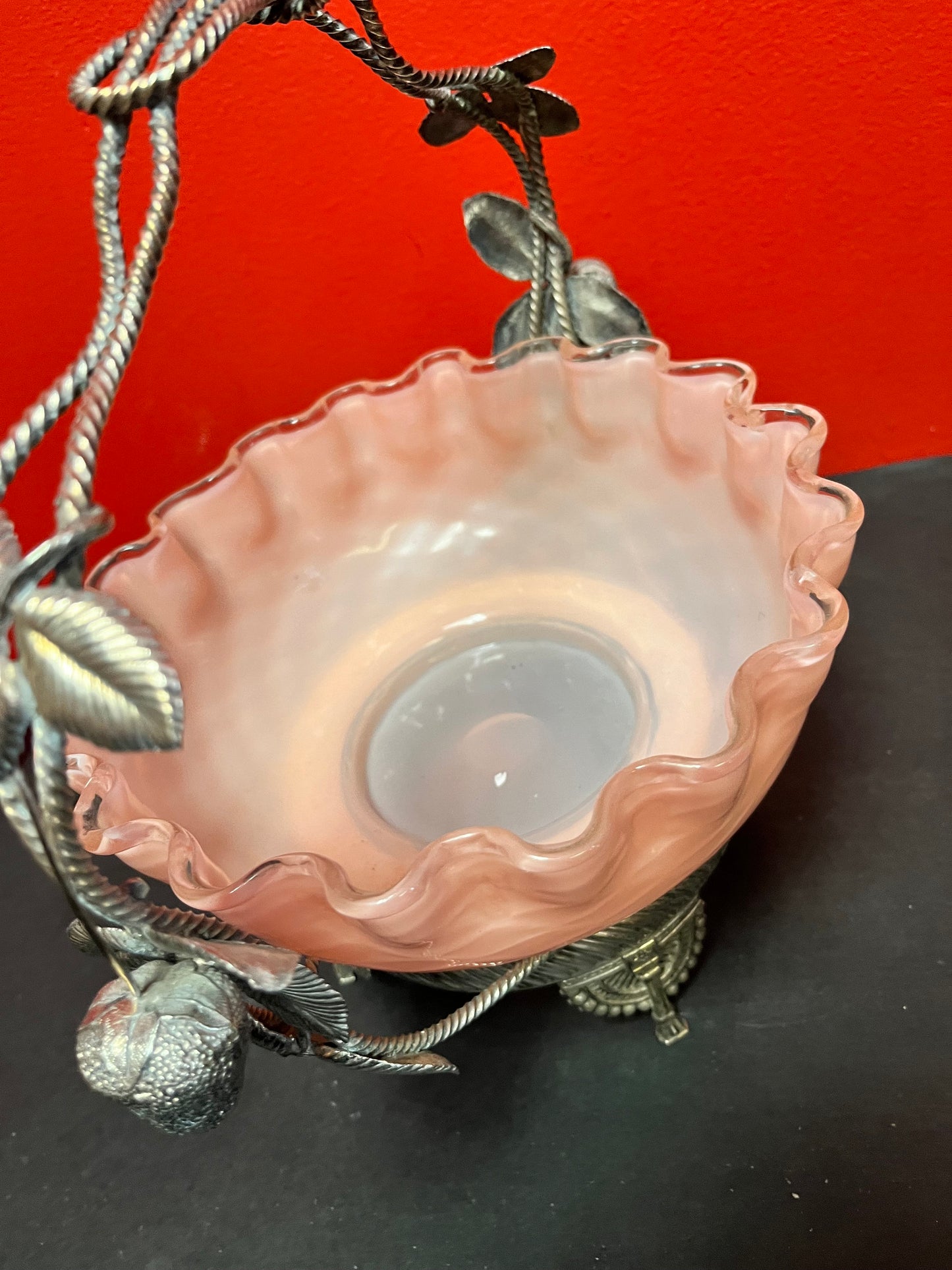 Stunning 11 x 11 antique silver plated and Venetian glass bridal basket  authentic and mint condition