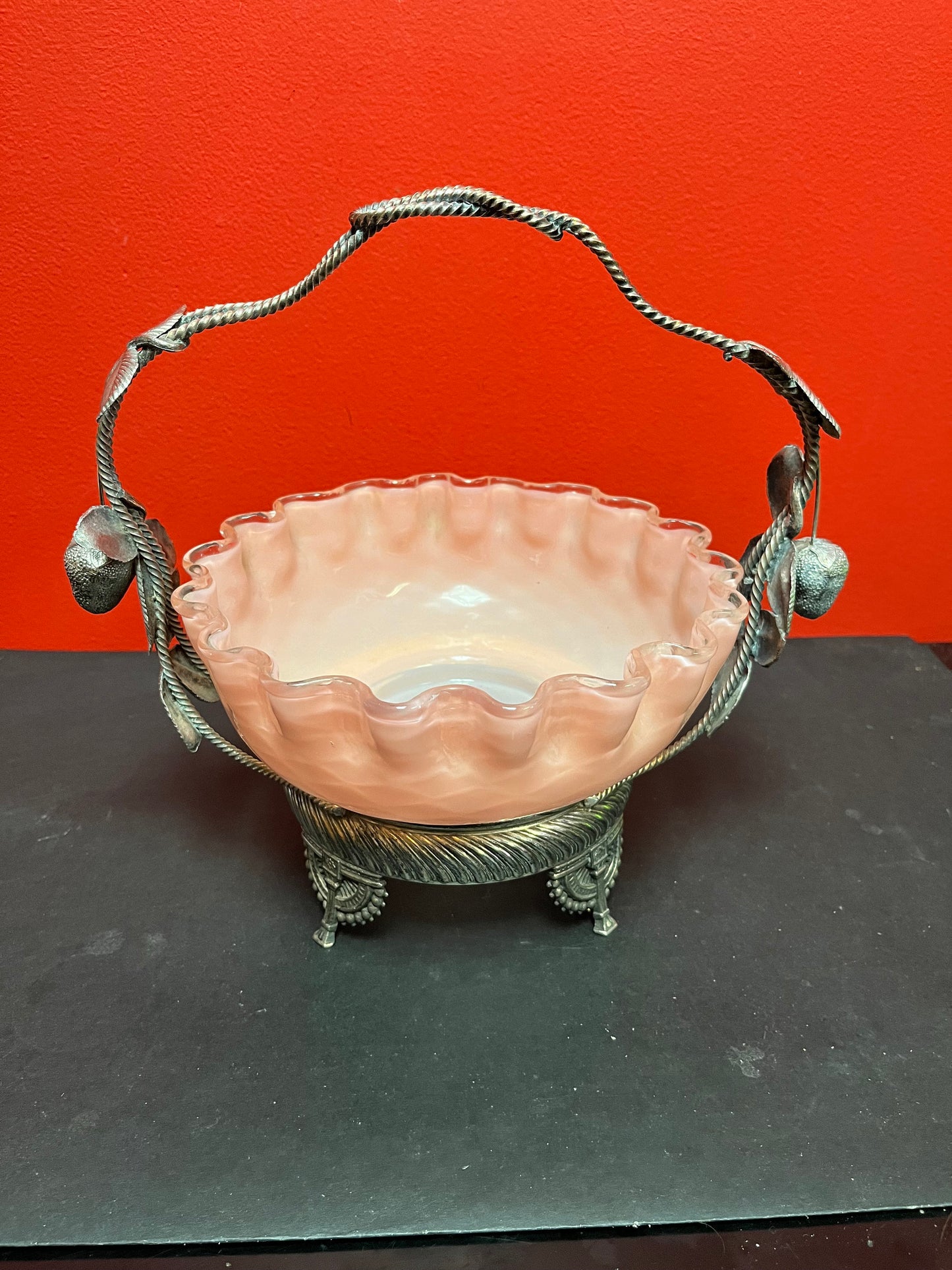 Stunning 11 x 11 antique silver plated and Venetian glass bridal basket  authentic and mint condition