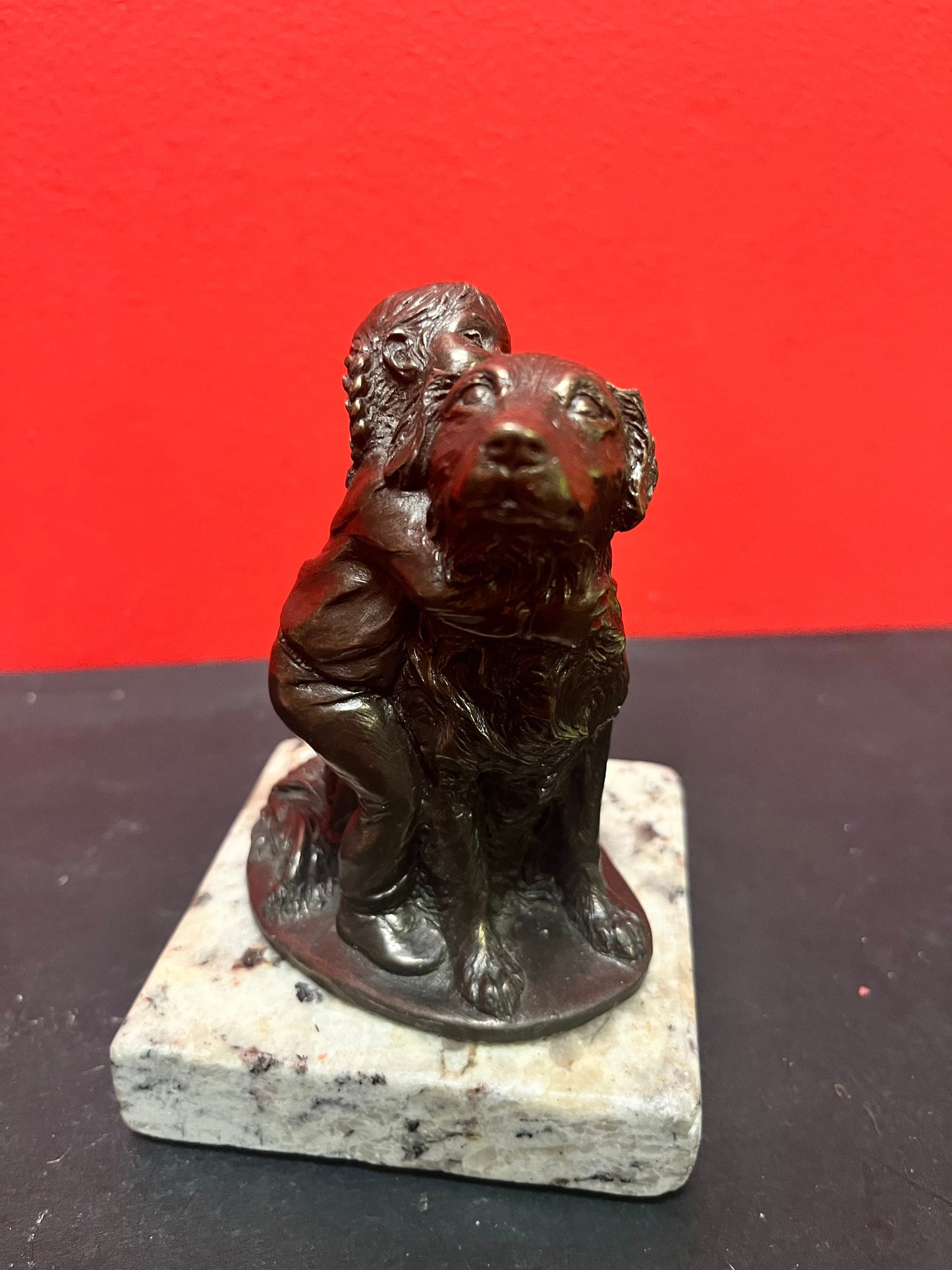 Lovely 5 inch high bronze statue of a child with dog on marble stand   lovely detail and quality  value priced