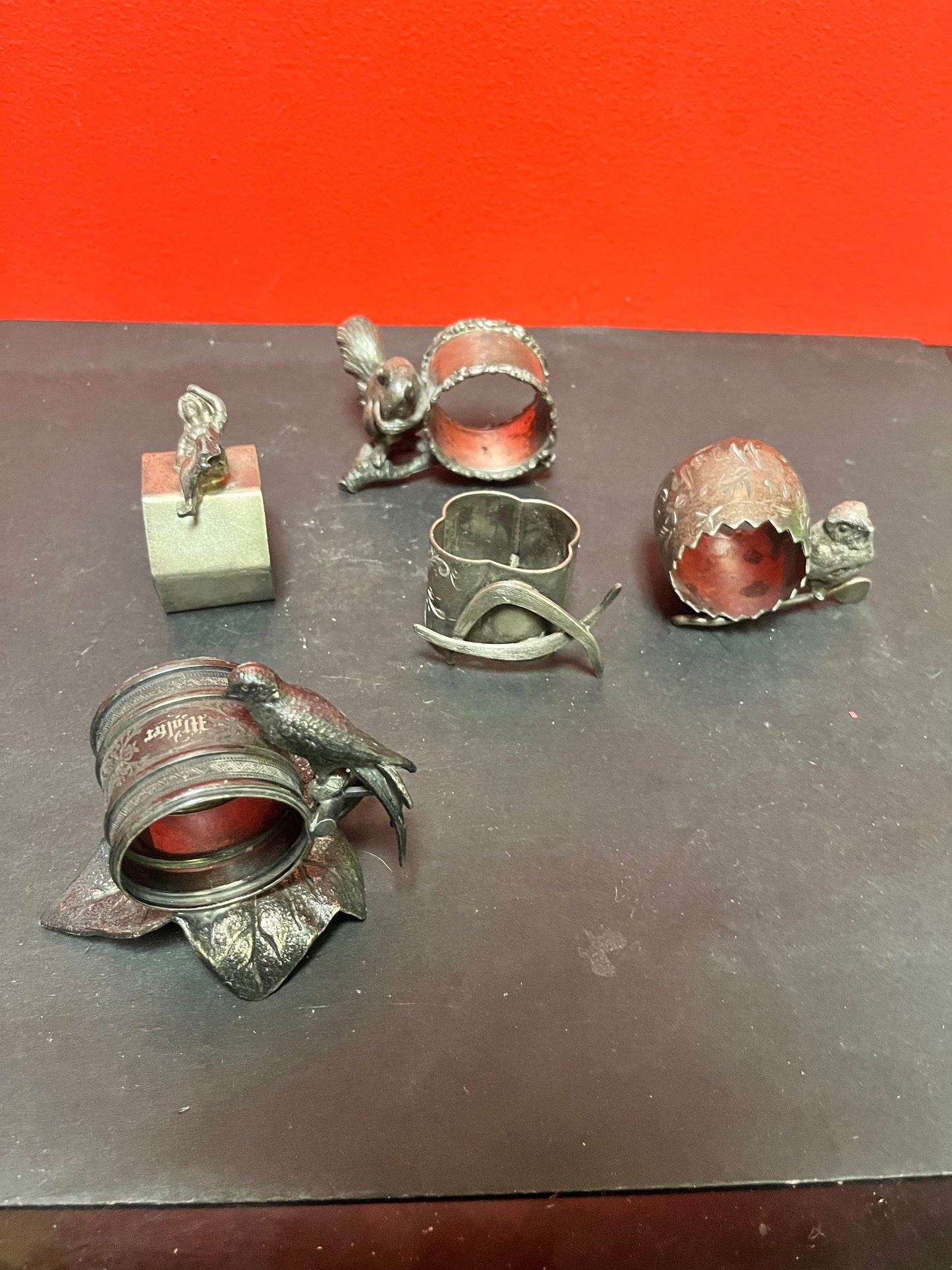 Lovely small collection of five English silver plated figural napkin rings   great value for a great lot