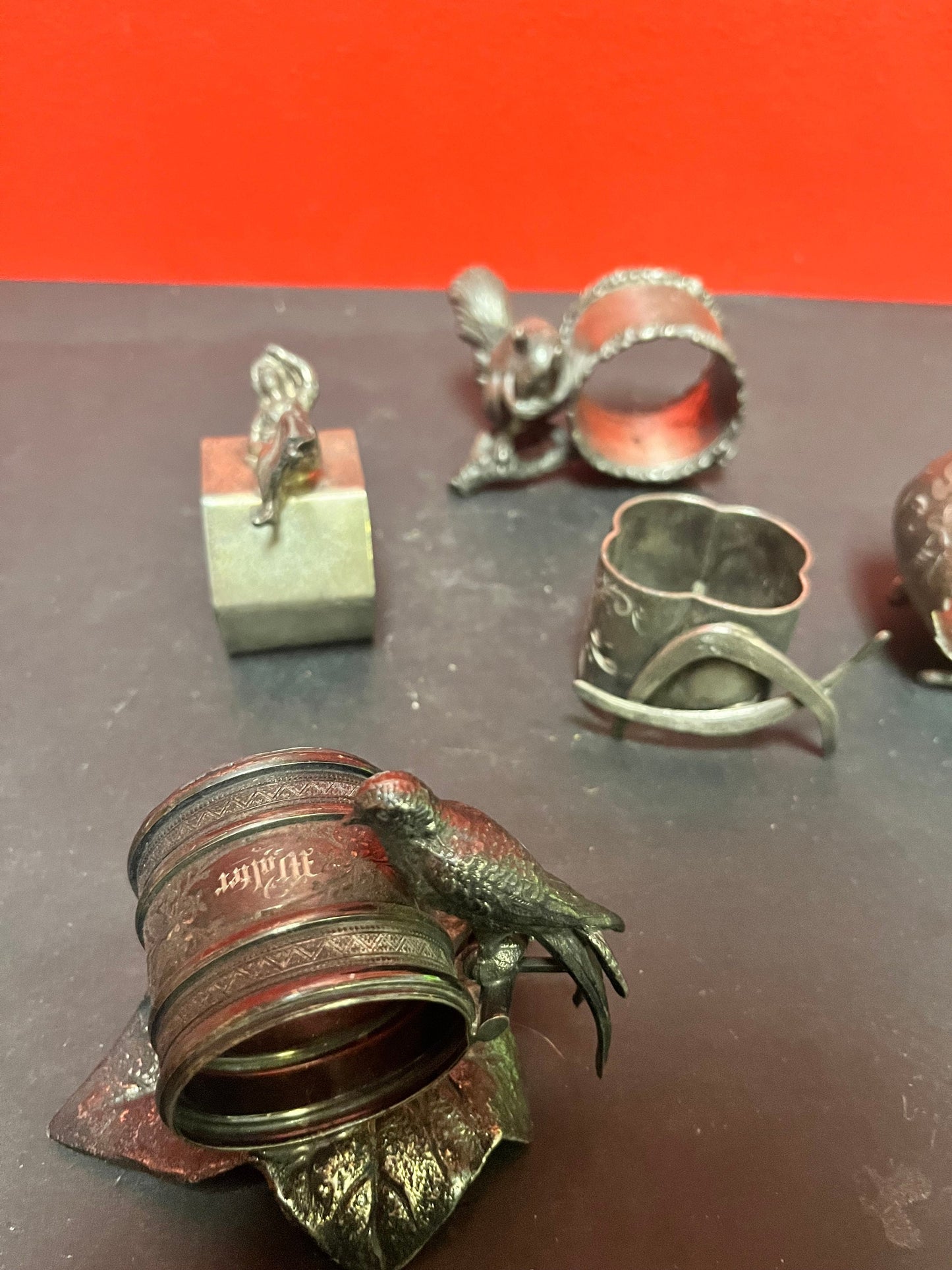 Lovely small collection of five English silver plated figural napkin rings   great value for a great lot