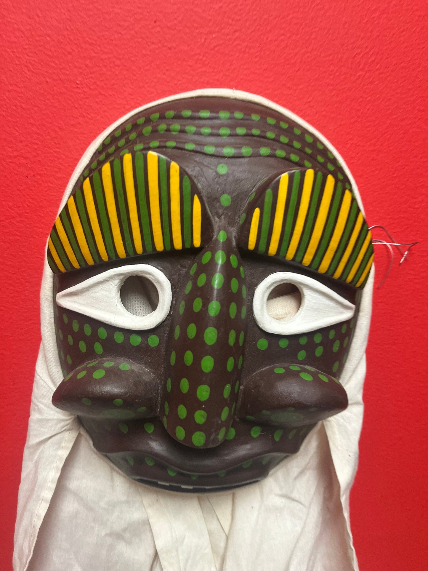 Lovely 10 x 7 Korean vintage signed wooden drama mask with fabric  ready to hang  Great colour and design