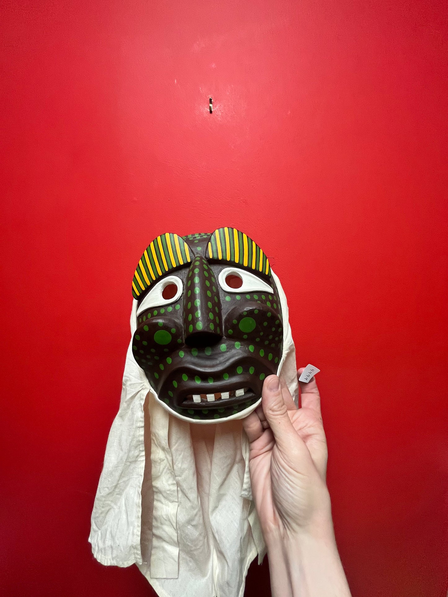 Lovely 10 x 7 Korean vintage signed wooden drama mask with fabric  ready to hang  Great colour and design