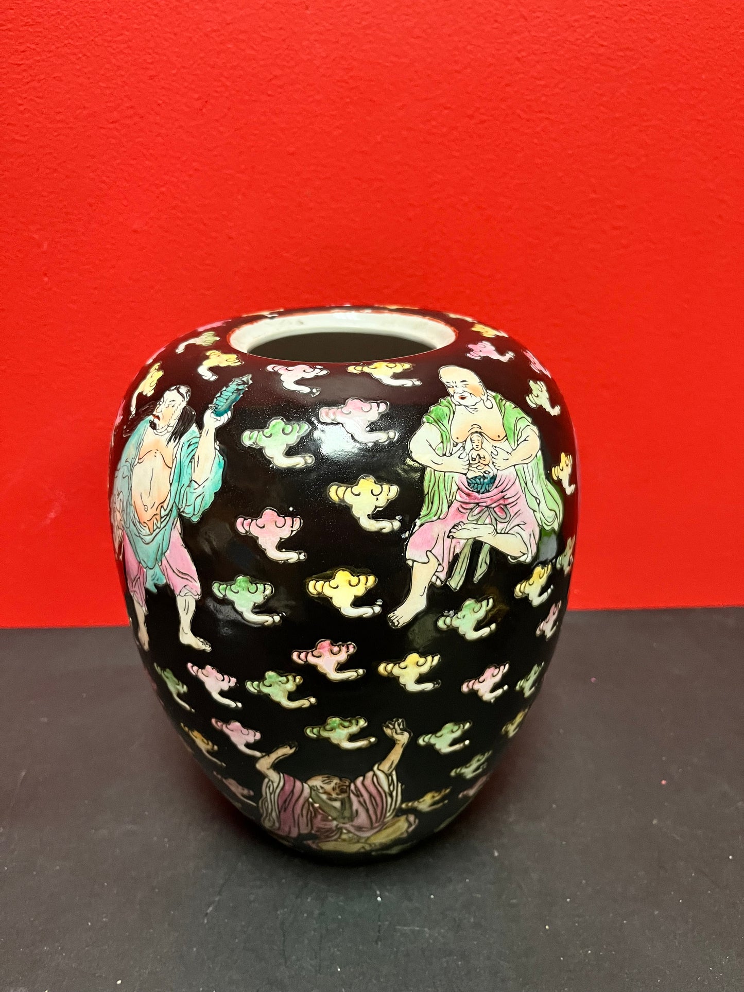 Stunning antique Chinese, 9 inch porcelain vase   heavily decorated with a unique Buddha scene and a stunning piece