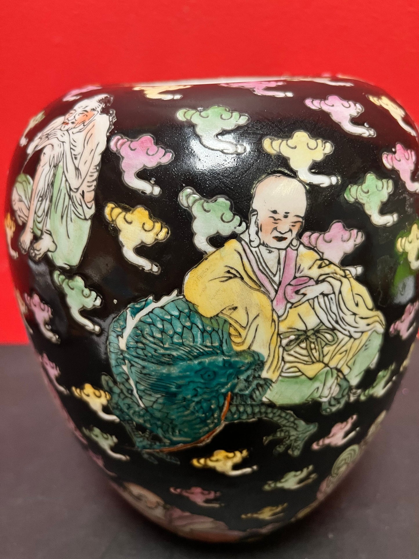 Stunning antique Chinese, 9 inch porcelain vase   heavily decorated with a unique Buddha scene and a stunning piece