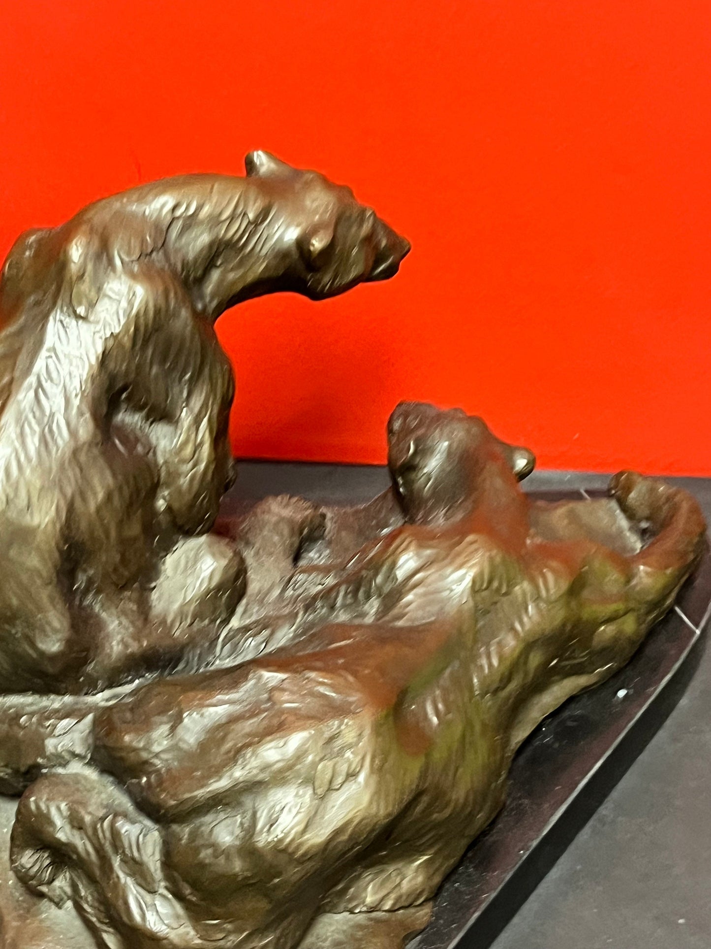 Stunning 13 x 9 x 8 high French signed bronze statue of Bears antique  BARYE  on marble base  huge and realistic