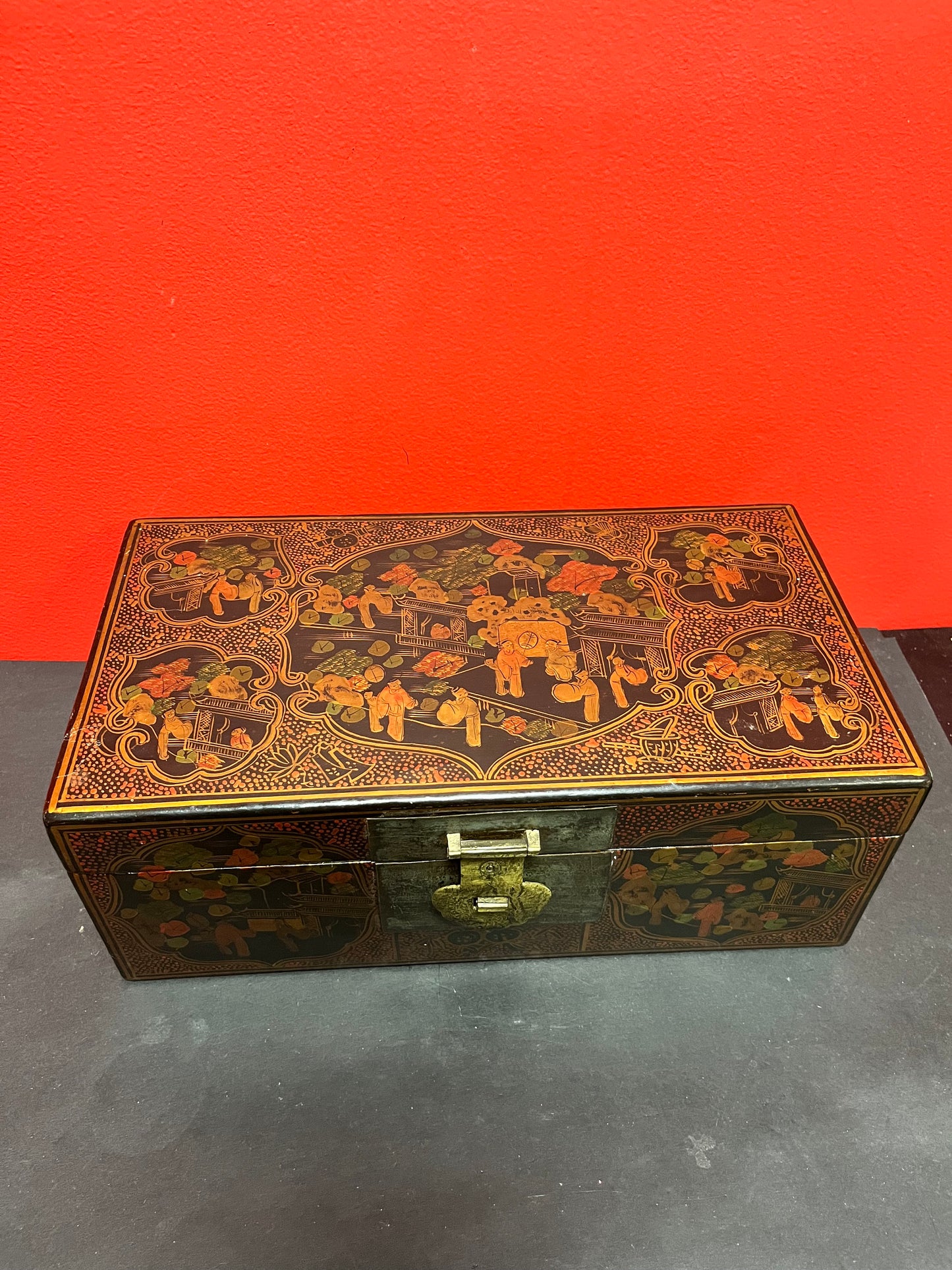 A  14 x 7 x 4 inch high Japanese signed lacquer antique box with bronze latch  immaculate condition and detail