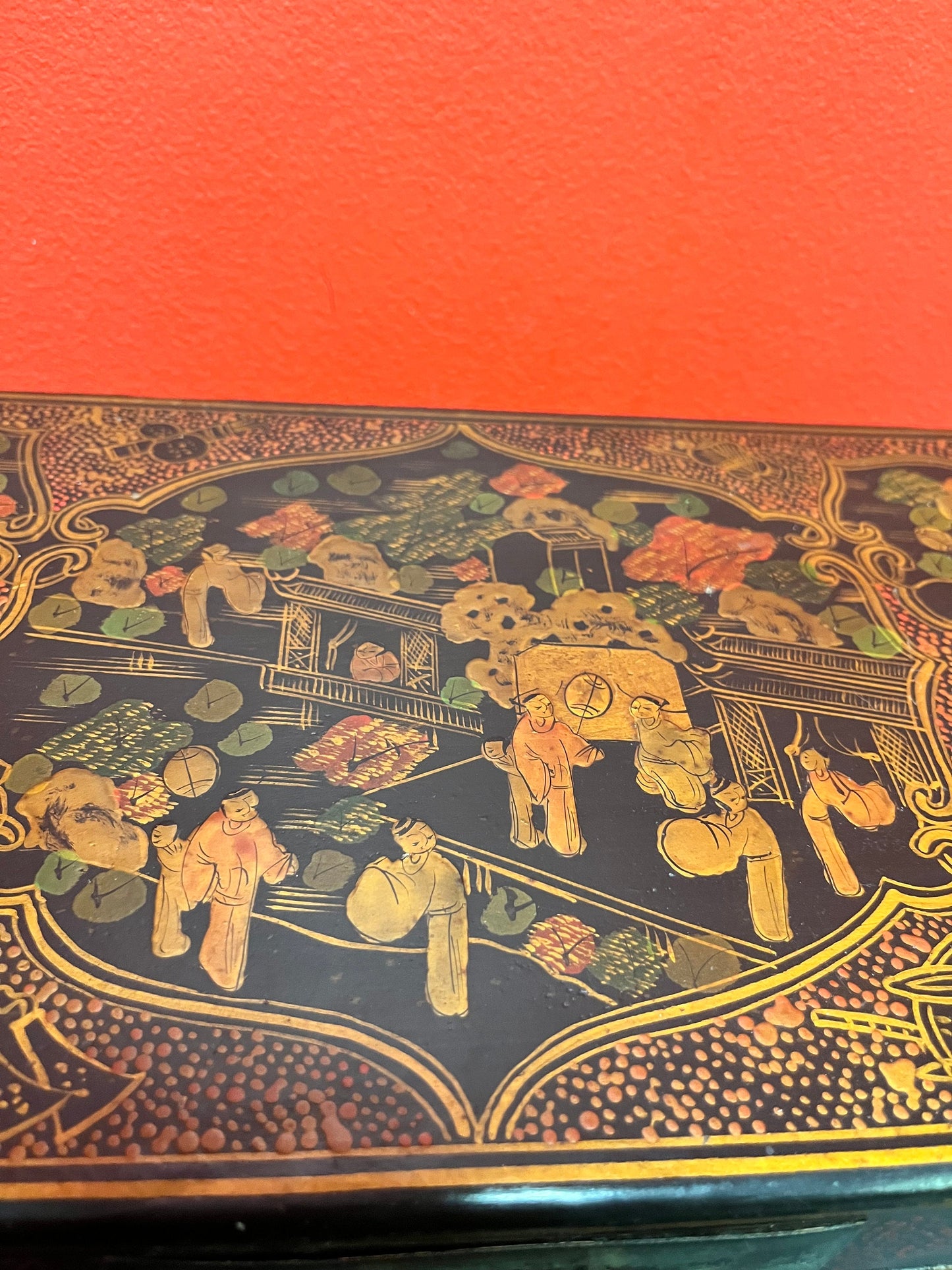 A  14 x 7 x 4 inch high Japanese signed lacquer antique box with bronze latch  immaculate condition and detail