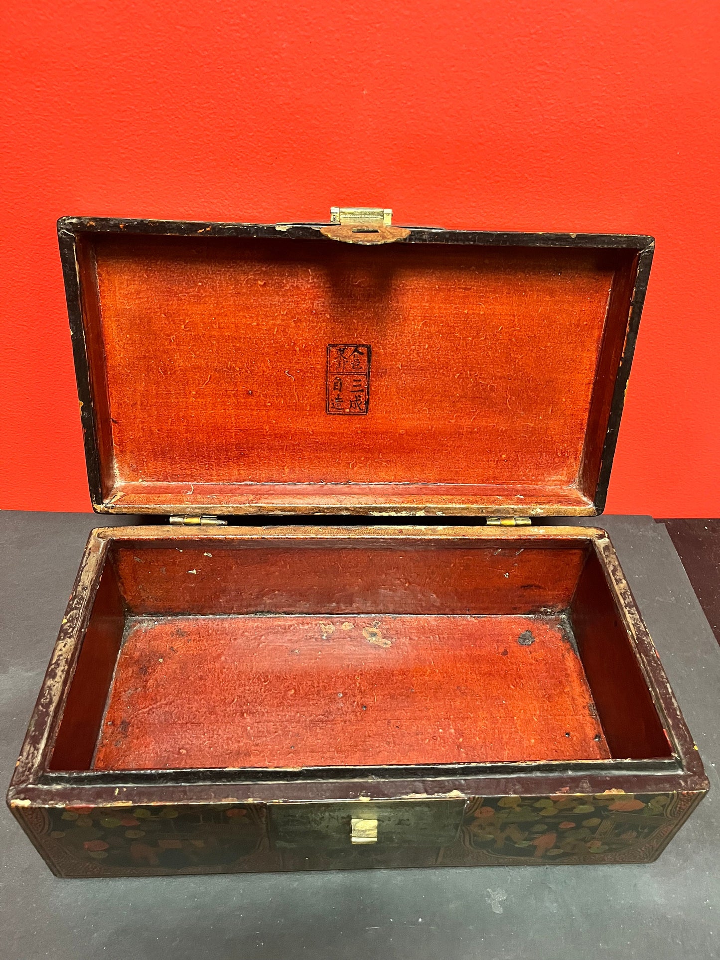 A  14 x 7 x 4 inch high Japanese signed lacquer antique box with bronze latch  immaculate condition and detail