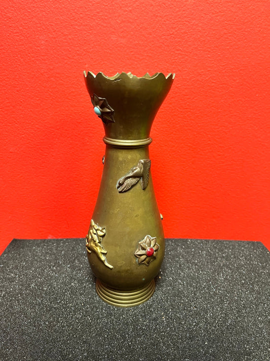 Lovely 8 inch tall antique Asian brass vase with lovely imagery and many cartouches   really beautiful piece ready for flowers - gift