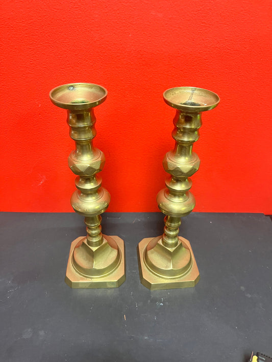Very heavy 11 1/2 inch English diamond pattern brass candlesticks   really fabulous quality pair  great condition  no wobble