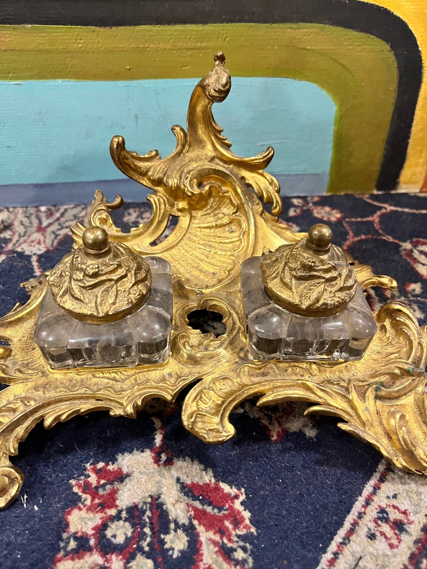 A  Stunning English antique art nouveau brass and crystal inkwell in mint condition  percent condition  8 x 6 x 4 hig