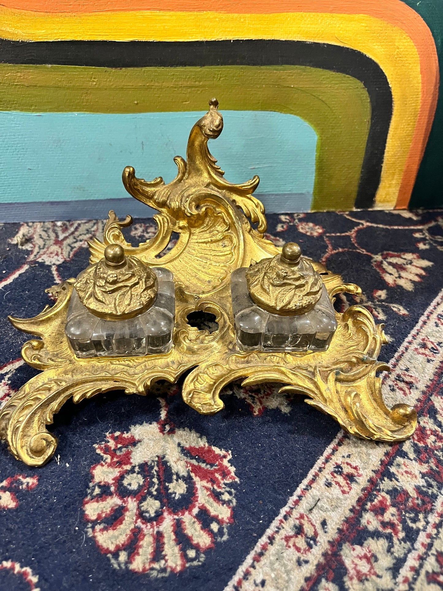 A  Stunning English antique art nouveau brass and crystal inkwell in mint condition  percent condition  8 x 6 x 4 hig