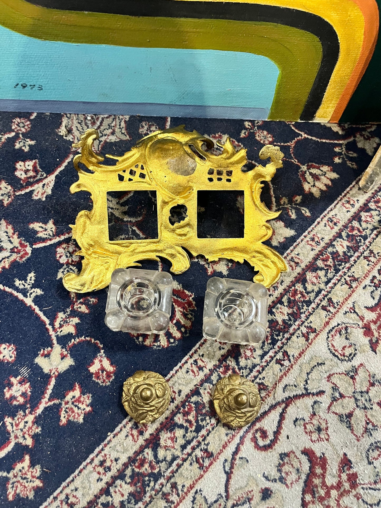 A  Stunning English antique art nouveau brass and crystal inkwell in mint condition  percent condition  8 x 6 x 4 hig