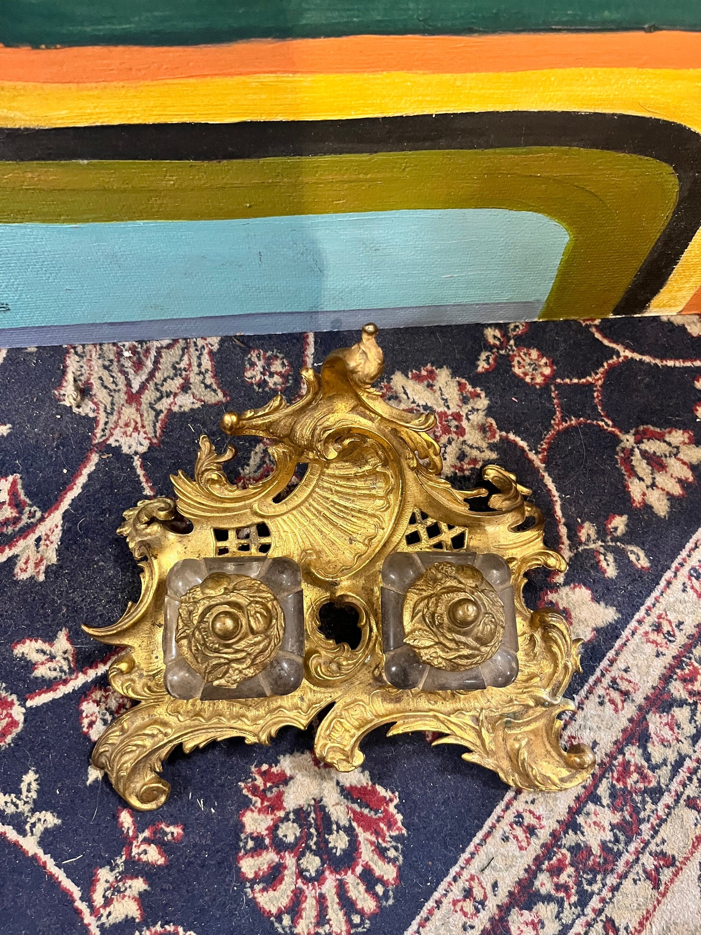 A  Stunning English antique art nouveau brass and crystal inkwell in mint condition  percent condition  8 x 6 x 4 hig