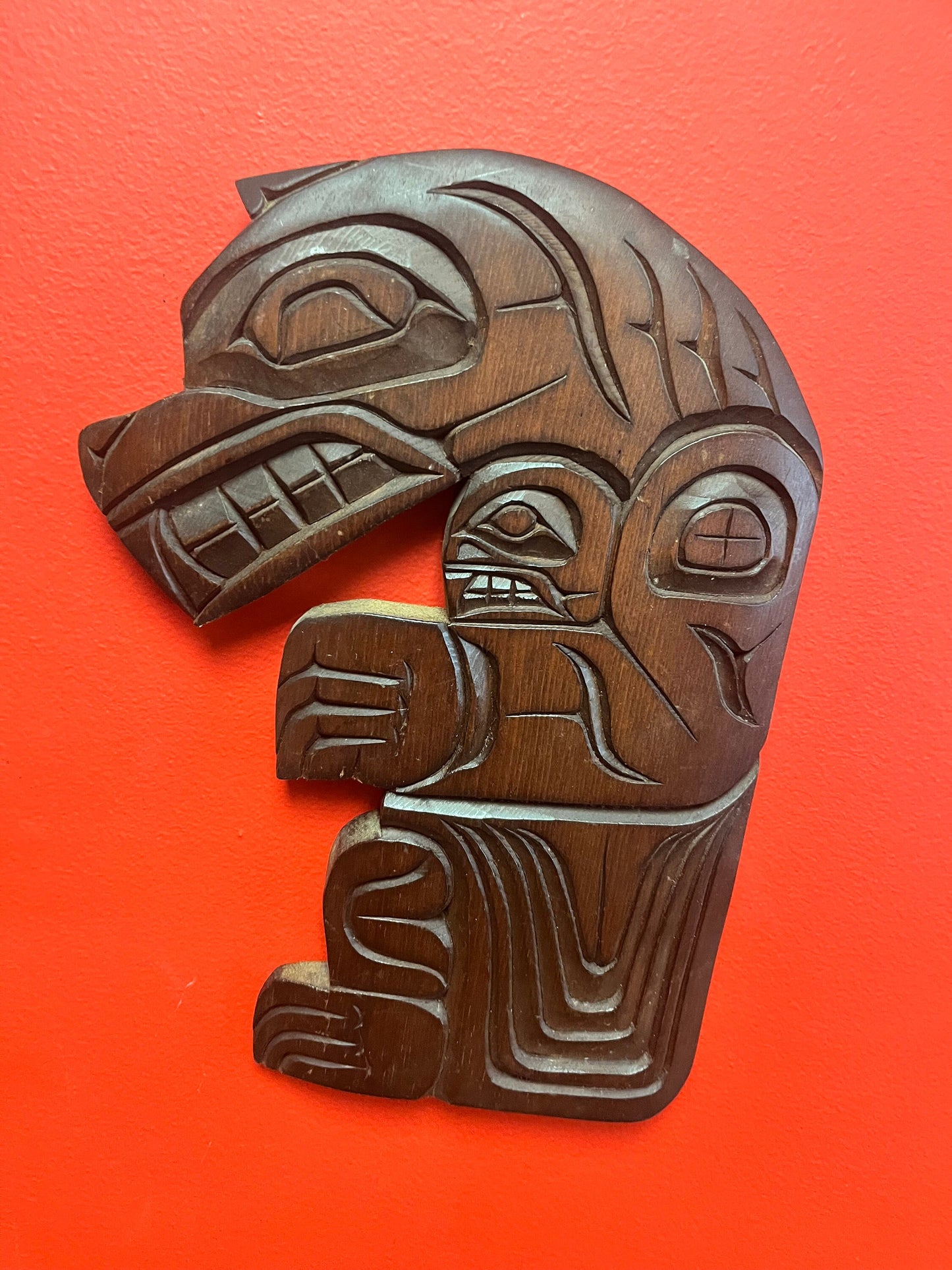 12 x 9 inch beautiful signed indigenous first nations Pacific Northwest coast stained cedar bear plaque