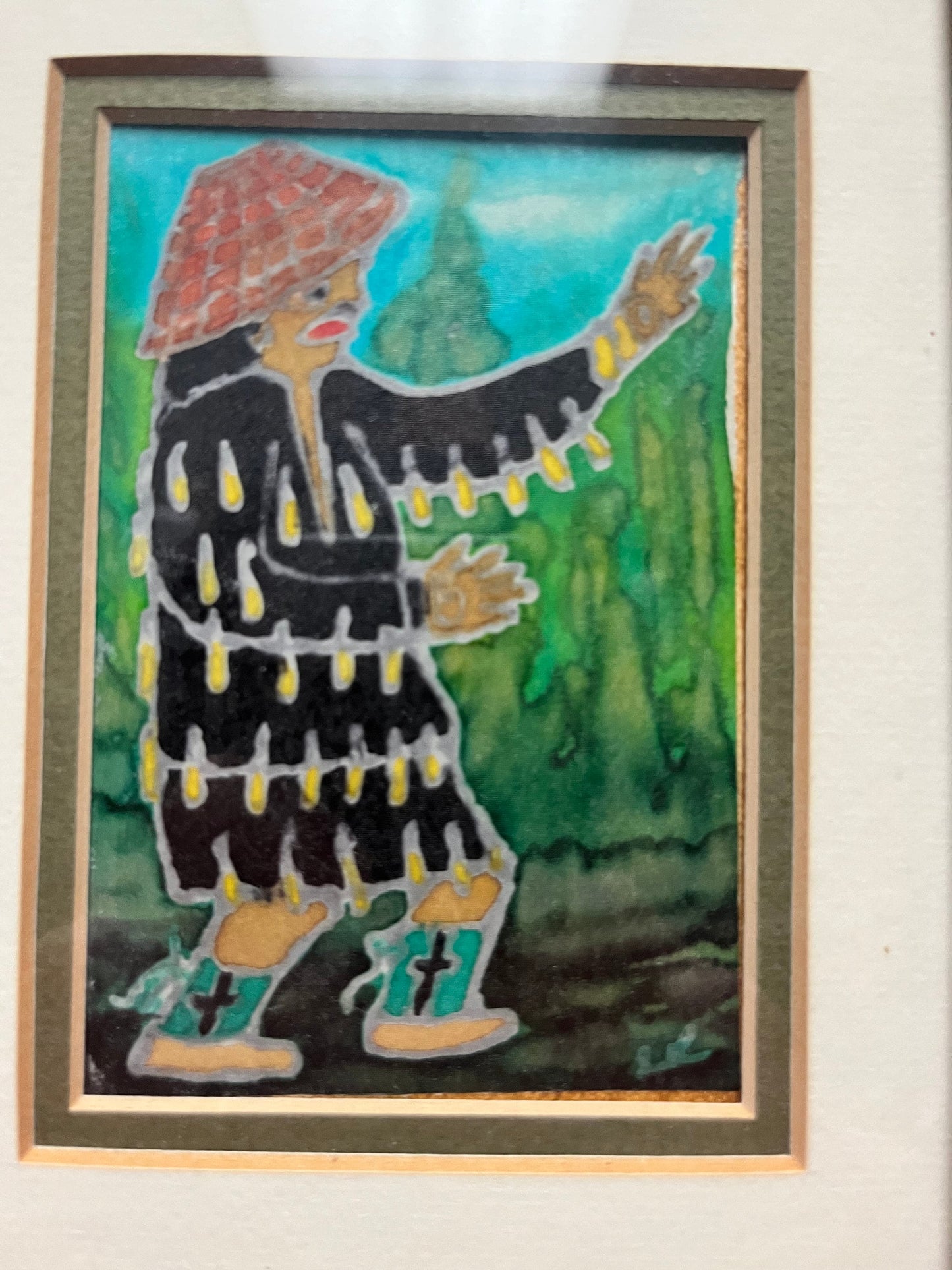 Very rare indigenous Nootka painting on silk by L.E Reid  magnificent antique piece in frame  8 x 6