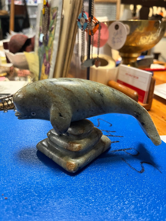 5 x 2.5 inch high signed Inuit soapstone dolphin  lovely condition