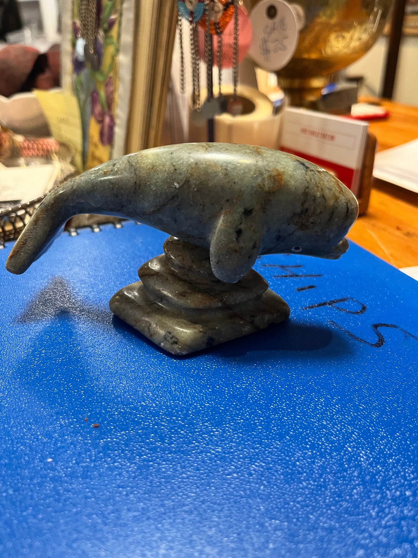 5 x 2.5 inch high signed Inuit soapstone dolphin  lovely condition