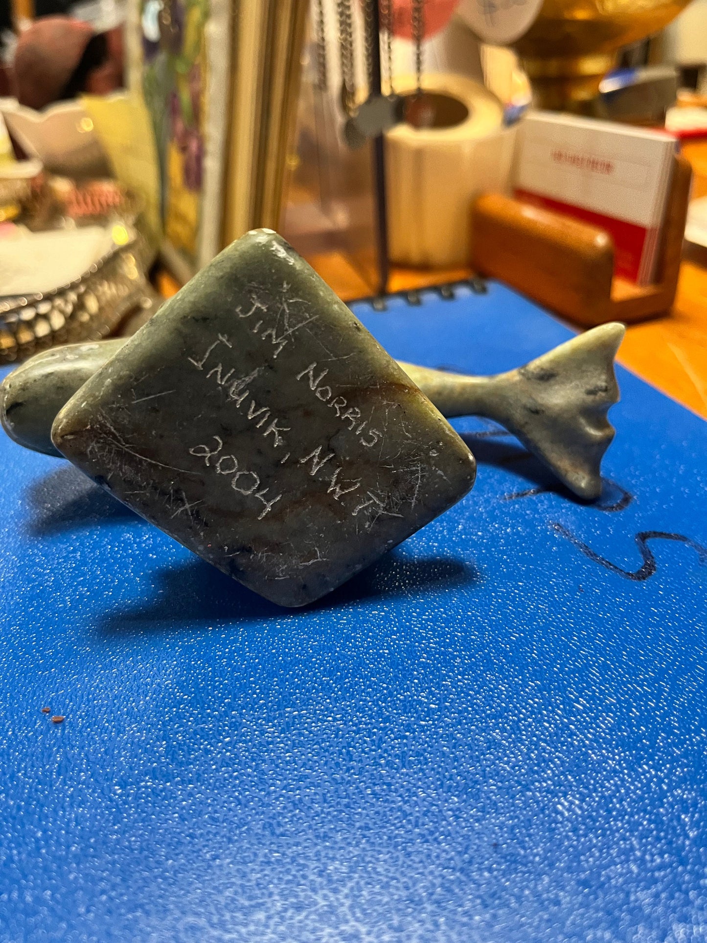 5 x 2.5 inch high signed Inuit soapstone dolphin  lovely condition