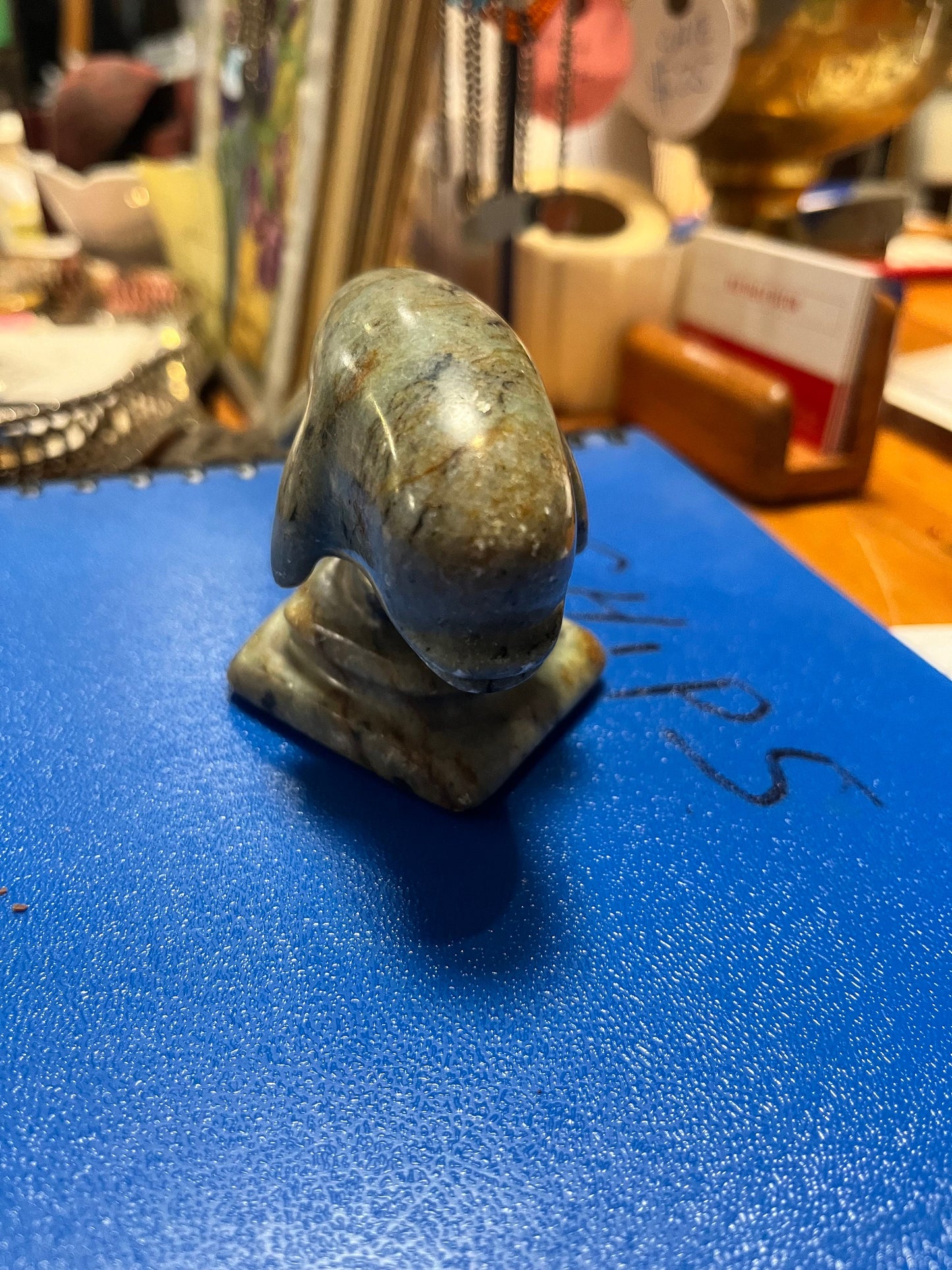 5 x 2.5 inch high signed Inuit soapstone dolphin  lovely condition
