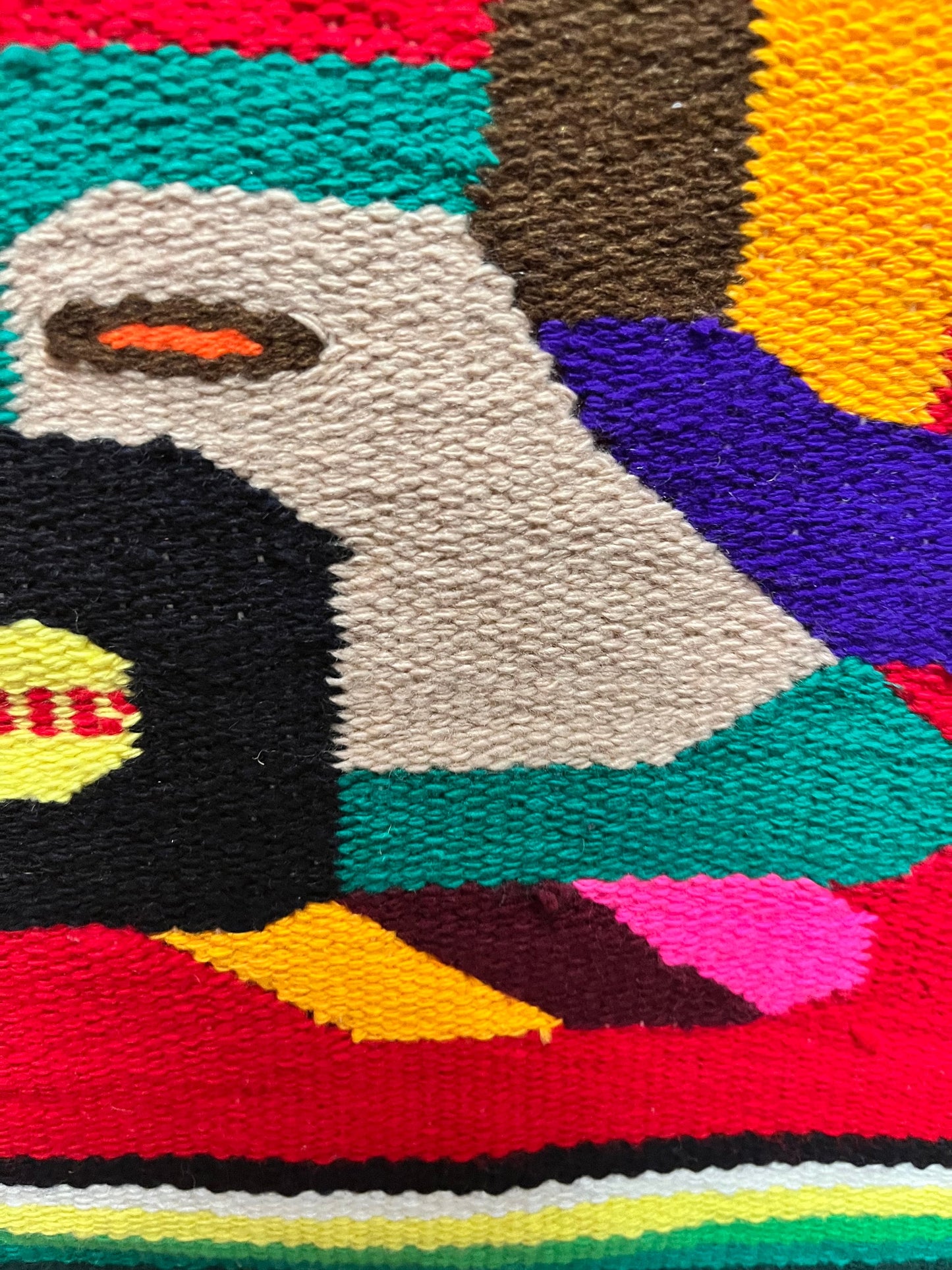 A  vintage wool  South American Aztec imagery - approximate 48 x 14  - wool handmade wall hanging   wow