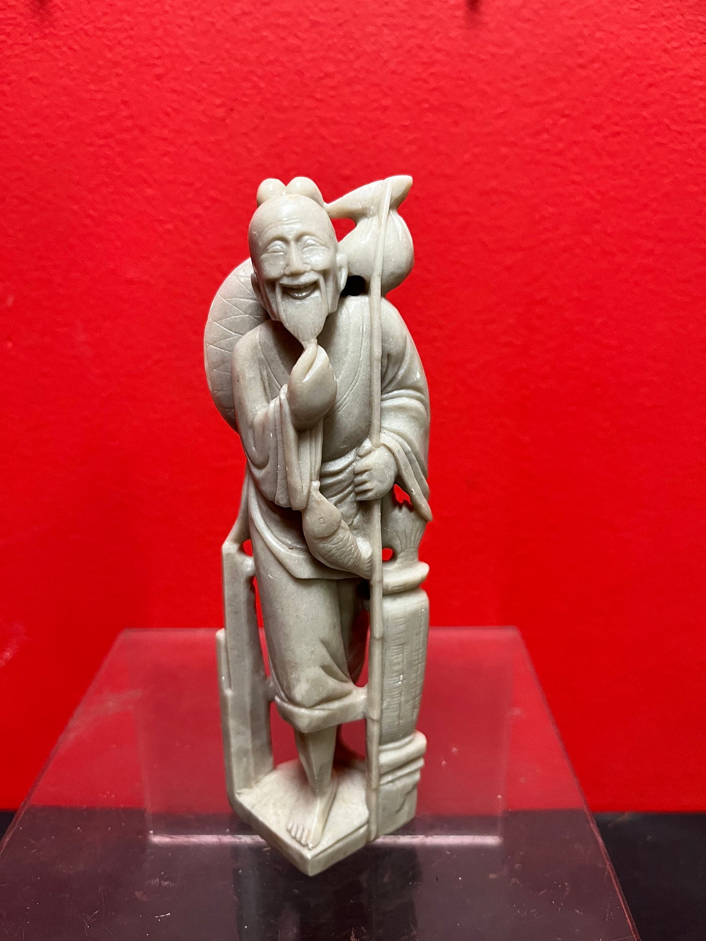 Lovely well detailed Chinese old 7 inch tall soapstone fisherman statue  good value