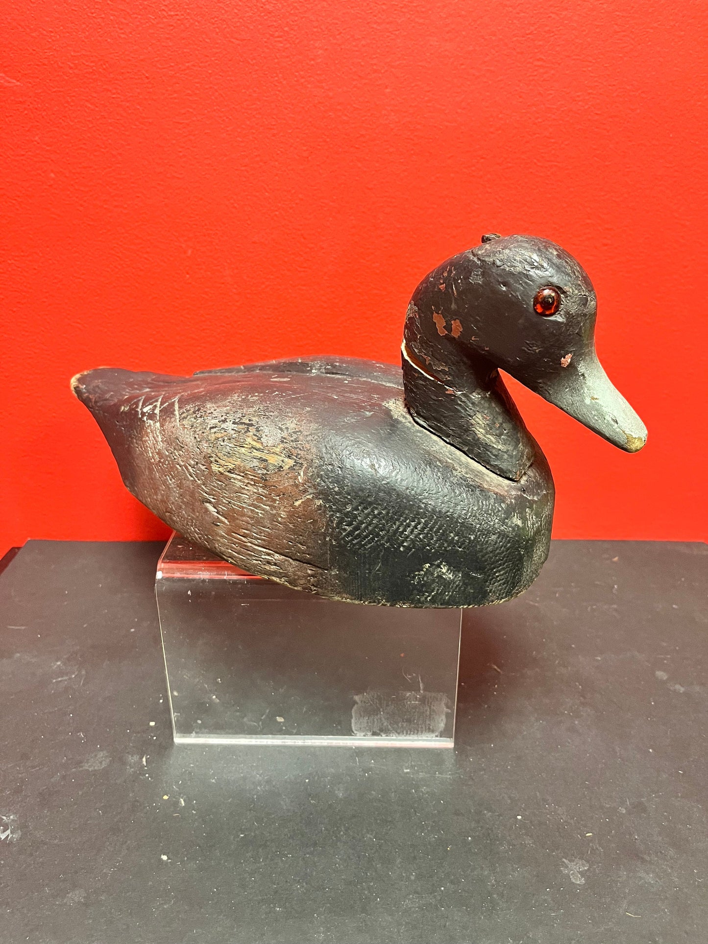 Lovely 14 by 6.5 inch high antique Canadian late 19 century duck decoy  wonderful patina, and a crack in the neck  wow