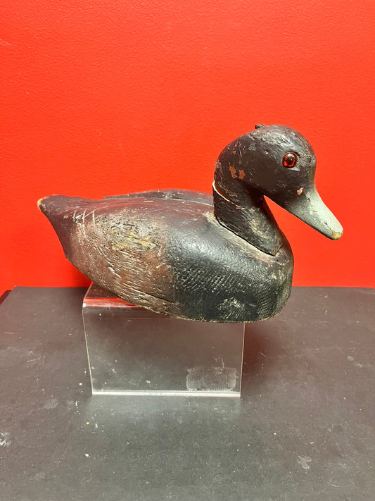 Lovely 14 by 6.5 inch high antique Canadian late 19 century duck decoy  wonderful patina, and a crack in the neck  wow